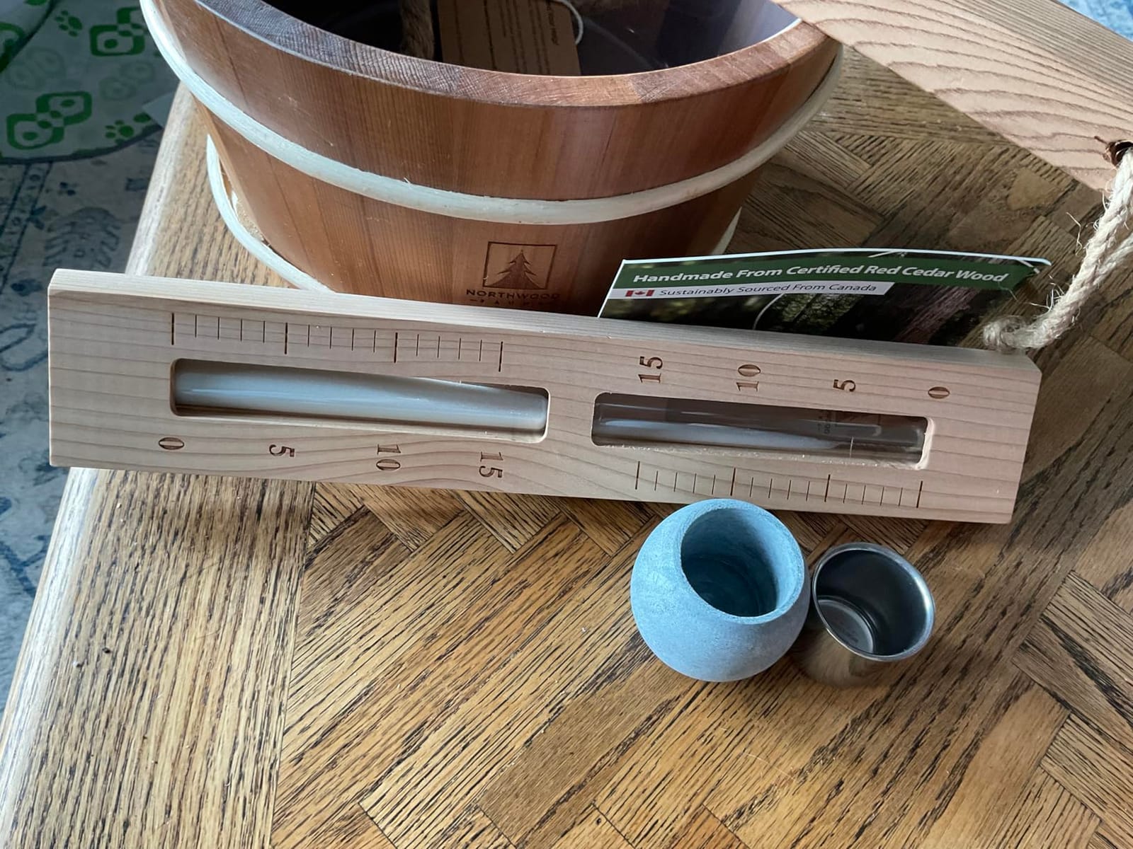 Sauna Accessories Kit - Handmade from Canadian Red Cedar Wood - Core Set (Bucket & Ladle, Thermometer & Hygrometer, Sand Timer, Aromatherapy Cup) customer photo 1