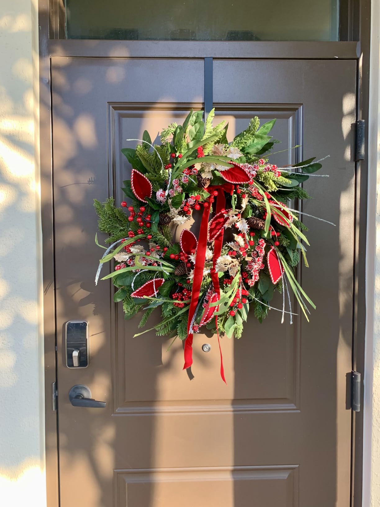 Christmas Wreath with Lights, Outdoor Pre-lit Christmas Wreaths for Front Door - 24 Inch Xmas Door Wreath with Pine Needles Pine Cones and Red Berries - Farmhouse Home Christmas Decorations customer photo 1