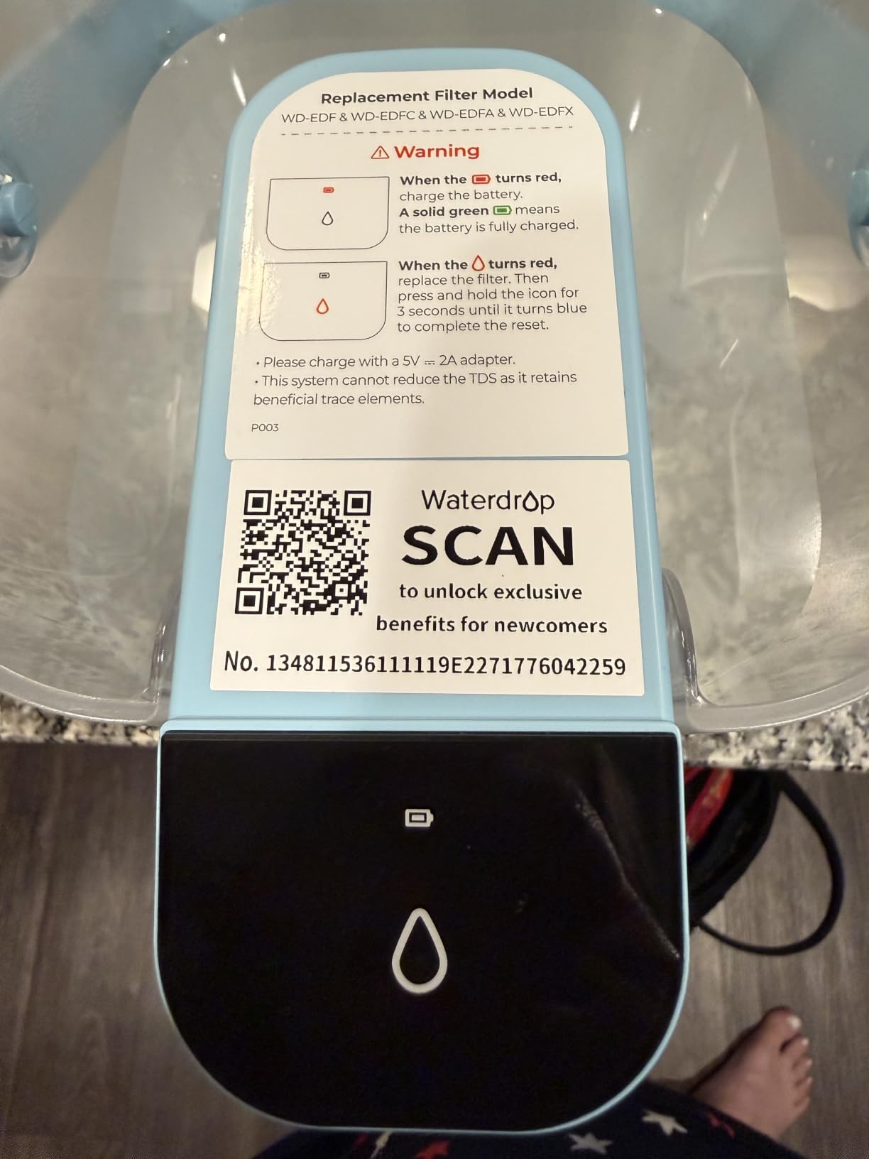 Waterdrop ED01W Electric Water Filter Pitcher, NSF/ANSI 42&53&401&372, White | 200-Gallon Long-Life, Reduce 99.6% of Lead and 45+ Impurities, 15-Cup, Rechargeable Instant Dispenser customer photo 2