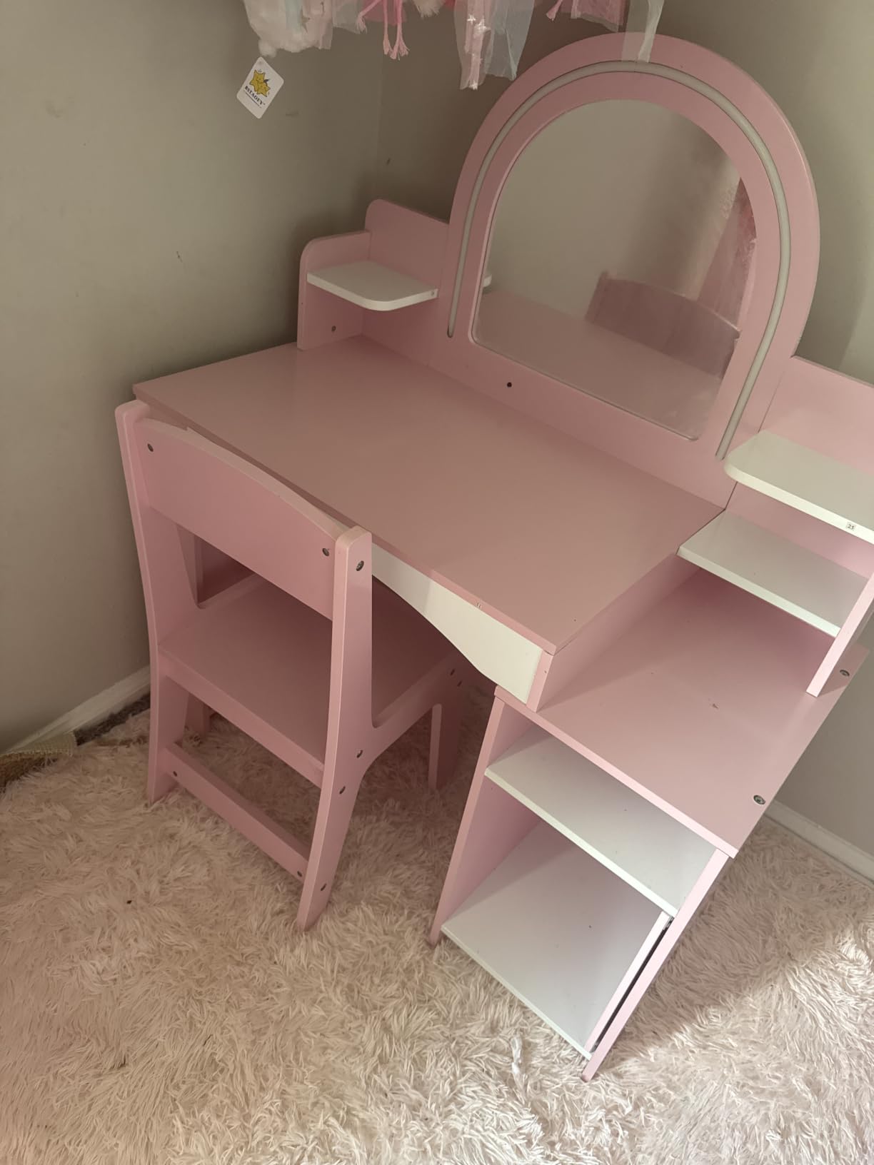 MU Kids Vanity with Lights, Princess Makeup Vanity Desk with Open Bookshelf, Storage Cabinet & Shelves, 2 in 1 Toddler Vanity Table & Chair Set with Lighted Mirror for Little Girls, Pink customer photo 2
