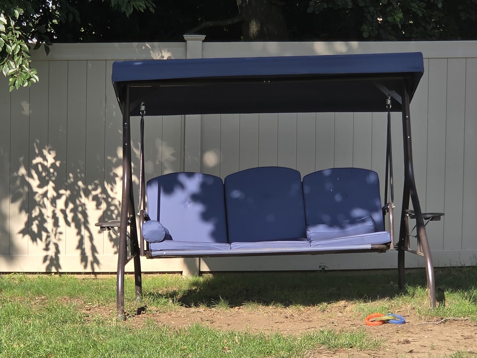 HOMREST 3 Seat Porch Swing with Adjustable Canopy, Patio Swing with Stand | Convertible Outdoor Swing Bed for Backyard & Garden, Thicken Cushion & Pillow Patio Glider Swing with Cup Holder(Khaki) customer photo 1