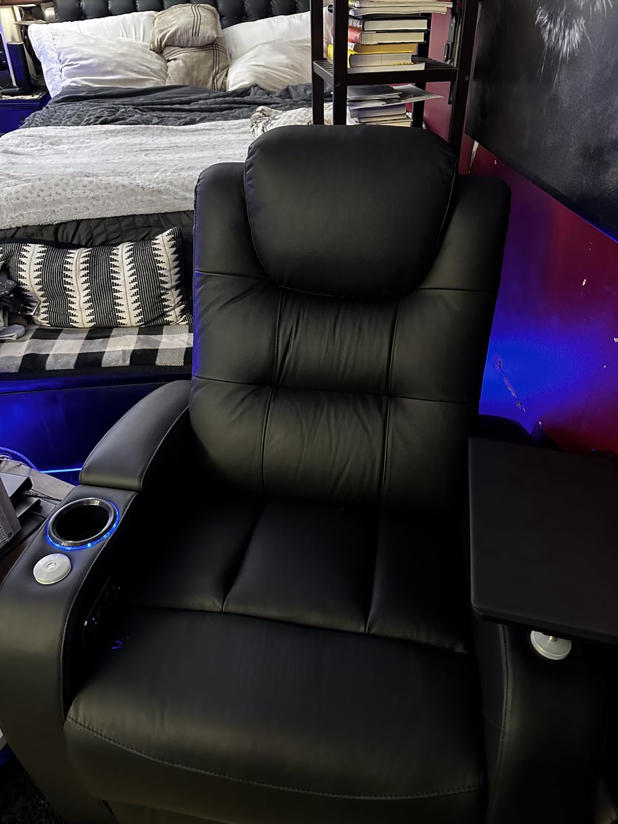 comfiroom Home Theater Seating, Top-Grain Leather Power Recliner Chair | Simple Style Black Dual Power Electric Headrest Movie Theater Chairs Gaming Sofa with Tray Table, Row of 1 customer photo 1
