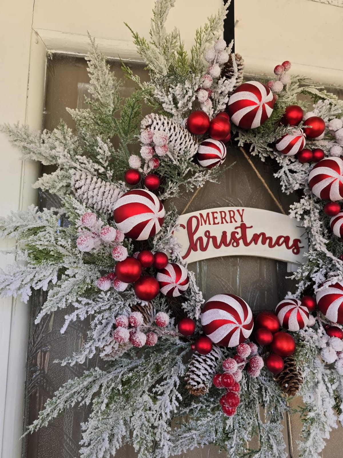 24 Inch Artificial Christmas Wreath for Front Door with Balls Berries Frost Pine Needles Pine Cones Christmas Decorations for Indoor Outdoor Wall Window Home Holiday Xmas Decor customer photo 1