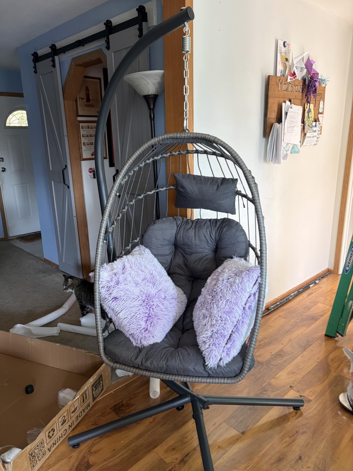 SWITTE Egg Chair Outdoor with Stand, Indoor Wicker Hanging Egg Swing, Grey | Patio Swinging Chair with Thick Cushion, Egg Shaped Swing for Bedroom Porch Balcony, Rattan Hammock Chairs 370 LBS Capacity customer photo 1