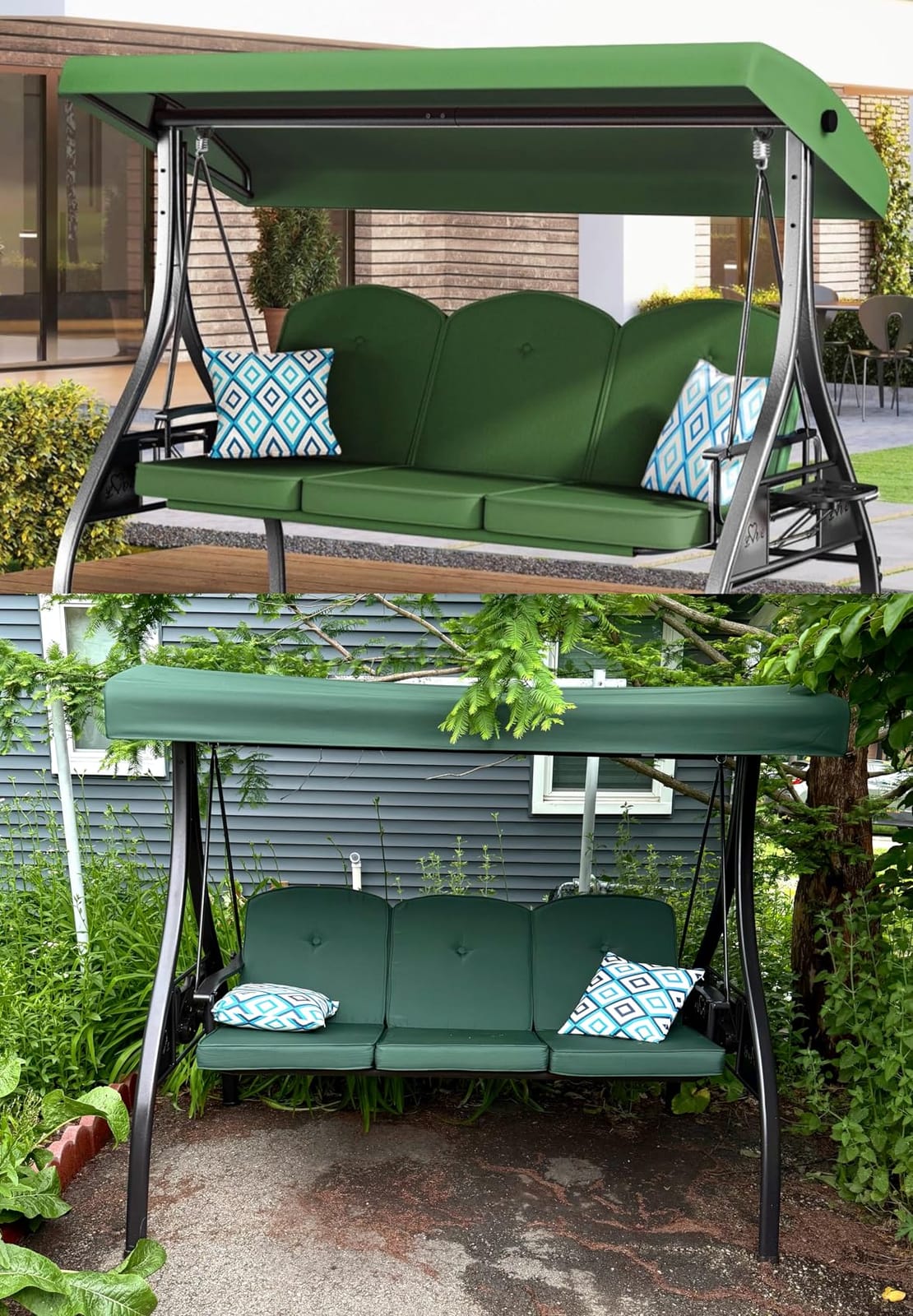 ZZW 3 Seat Outdoor Porch Patio Swing with Stand 800lbs 2-in-1 Convertible Swing Bed with Adjustable Canopy & Removable Cushion for Yard Garden Deck (Green, Square Tube) customer photo 1
