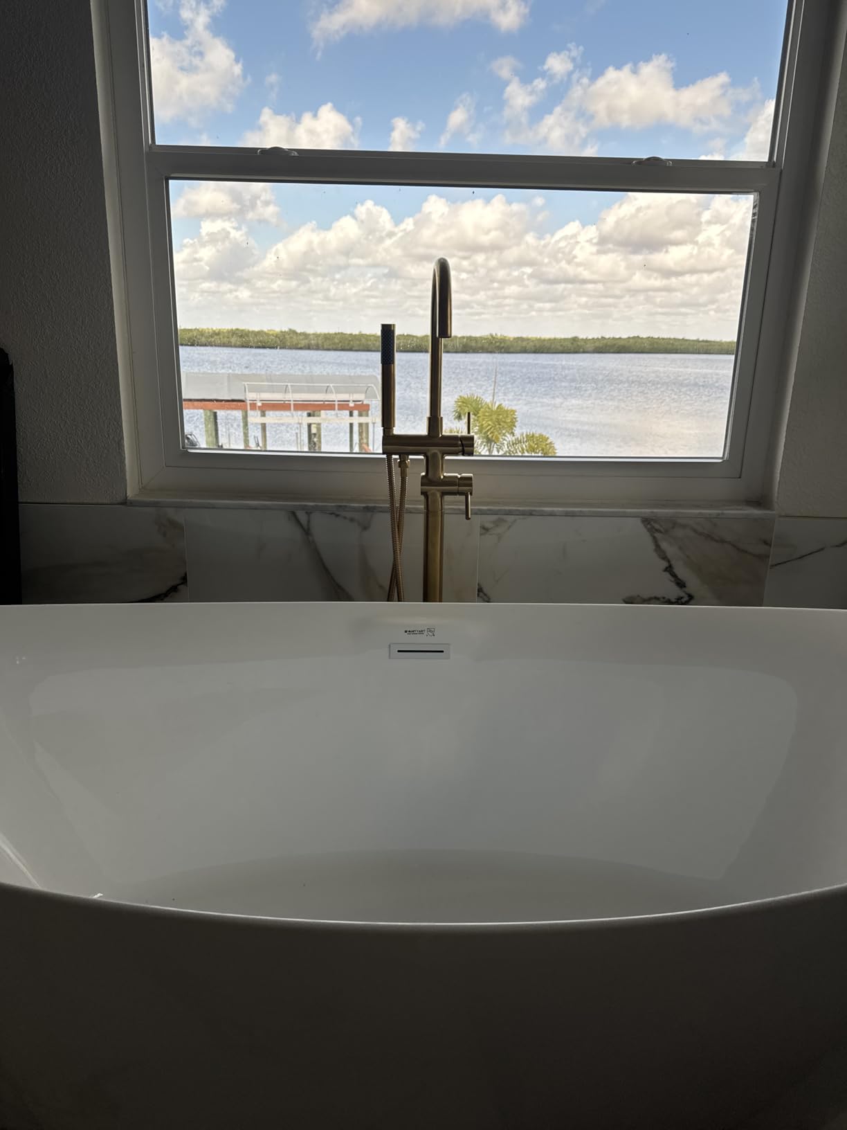 Freestanding Bathtub Faucet, Floor Mount Tub Filler with Handheld Sprayer | Durable Brass, High Flow, Swivel High-Arc Spout, Handheld Spray, Free Standing Faucet for Soaking Tub, Brushed Gold customer photo 1