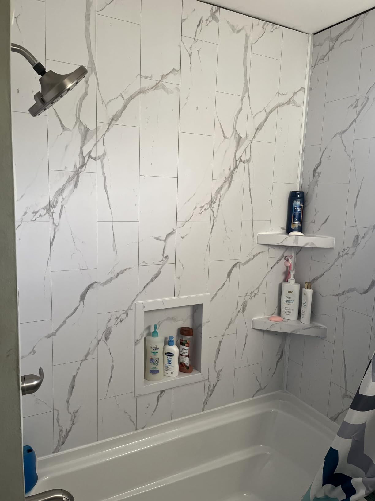 Palisade Vinyl Shower Surround Kit 78in x 60in x 32in, Urban Quarry | Waterproof PVC wall panels, grout-free design, coordinating trim, shelves, adhesive and sealant included customer photo 1