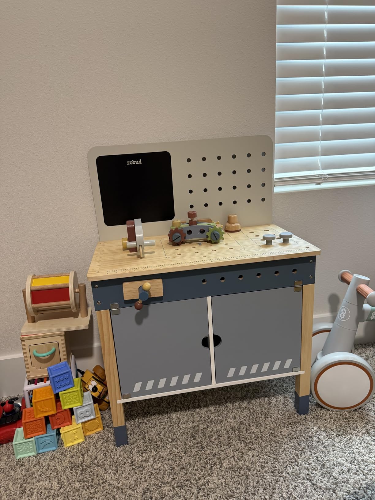 ROBOTIME Kids Wooden Tool Bench Set Large Storage Space Gift for Age 3+ | Haze blue workbench for building pretend play, develops problem-solving and fine motor skills customer photo 1