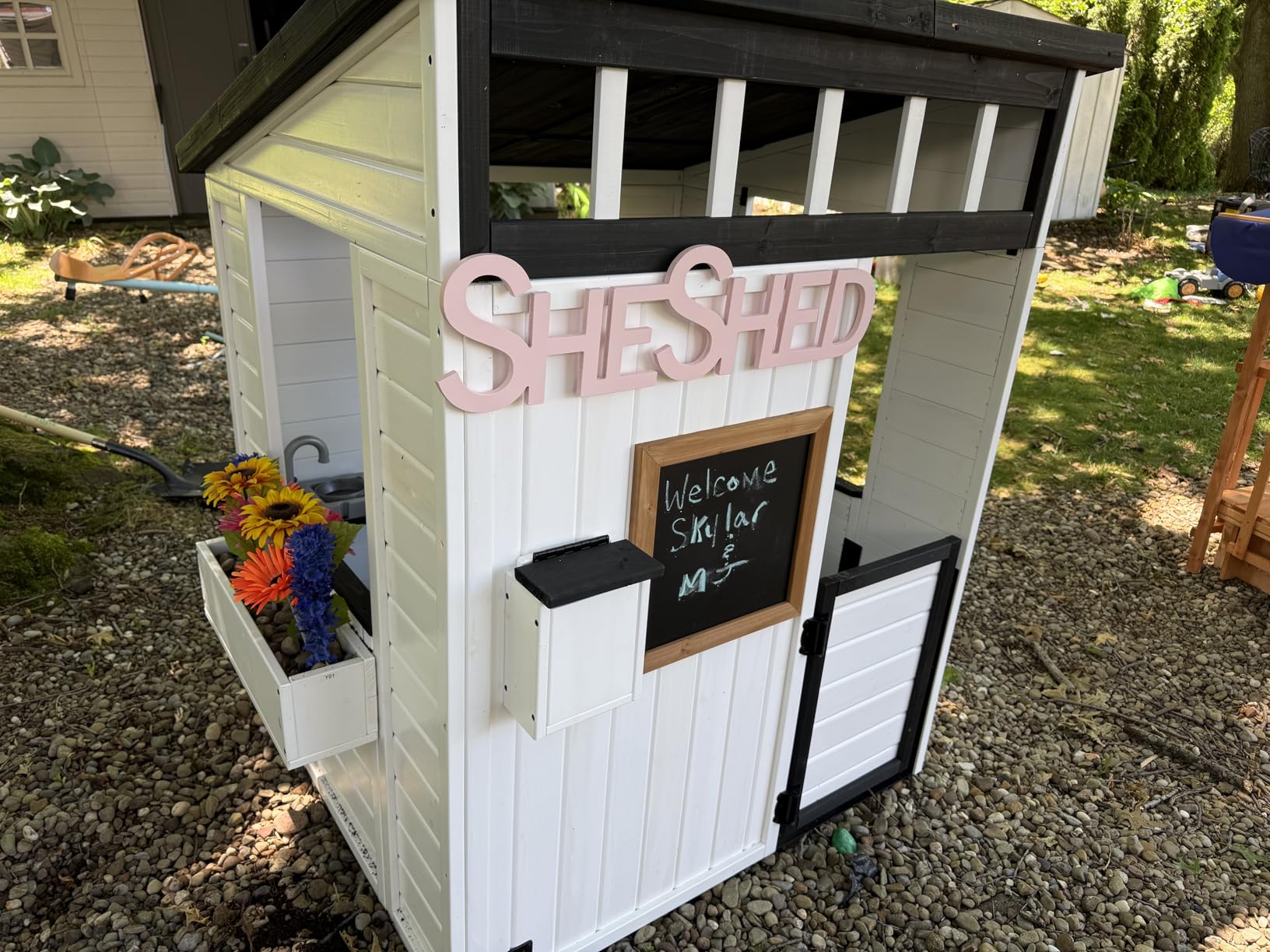 Backyard Discovery Caraway Cottage White Cedar Wooden Kids Playhouse with Play Kitchen, Chalkboard, Mailbox, Half Door, Windows, Flower Box, Modern Farmhouse Design for Outdoor Imaginative Play customer photo 2