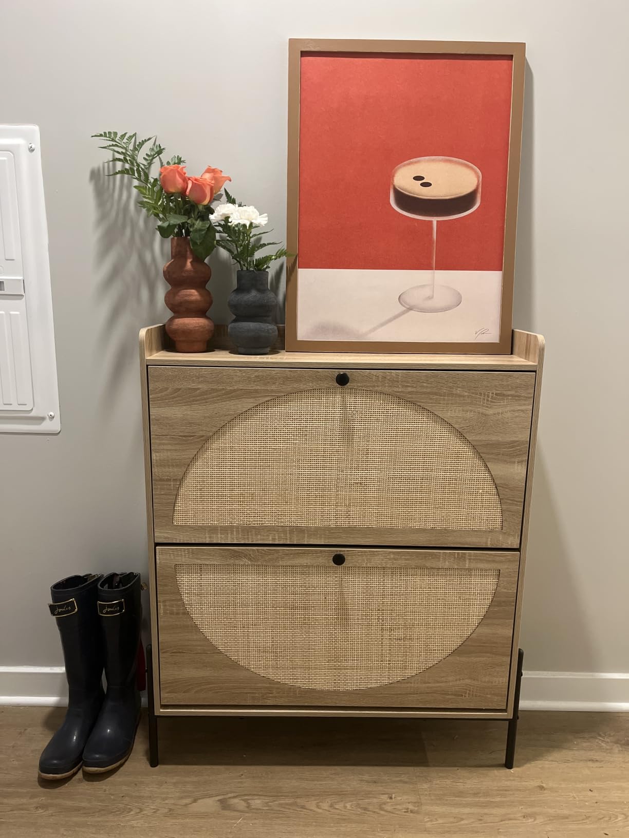 IRONCK Rattan Shoe Cabinet Storage with 2 Flip Drawers, Oak | Free Standing Wooden Shoe Storage Organizer Cabinet with Rattan Doors for Entryway, Narrow Shoe Rack Cabinet customer photo 2