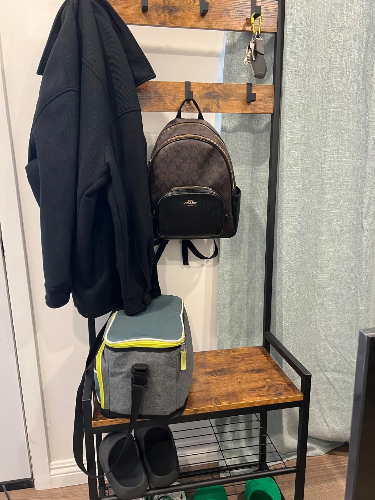 Coat Rack Hall Tree with Shoe Storage, Entryway Hall Tree Storage Bench, Wood Look Accent Furniture with Metal Frame, 3-in-1 Design, Rustic Brown | 7 Movable Hooks, 330lb Weight Capacity, Anti-Tip Design, Adjustable Feet, Fits Small Spaces customer photo 2