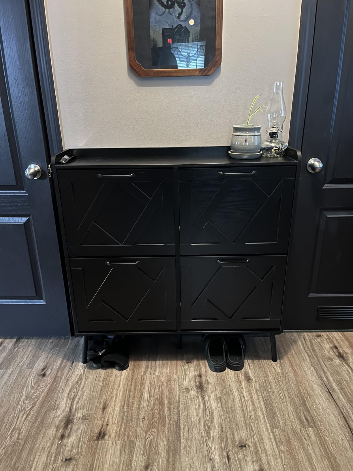 Nicetree Shoe Storage Cabinet with 2 Flip Drawers, Freestanding Wood Shoe Organizer with Metal Legs, Farmhouse Slim Shoe Rack for Entryway, Foyer, Hallway, Rustic Brown customer photo 2