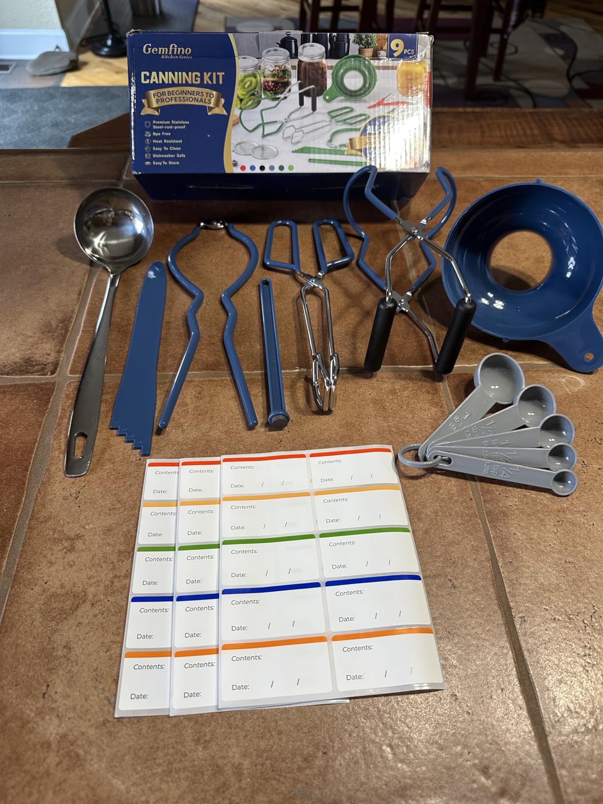 Canning Supplies Starter Kit, Canning Kit for Beginners of 9 with Jar Lifter, Wide Mouth Funnel, Wrench, Tongs, Lid Lifter, Bubble Popper, Canning Labels, Ladle, Measuring Spoon - Blue customer photo 2