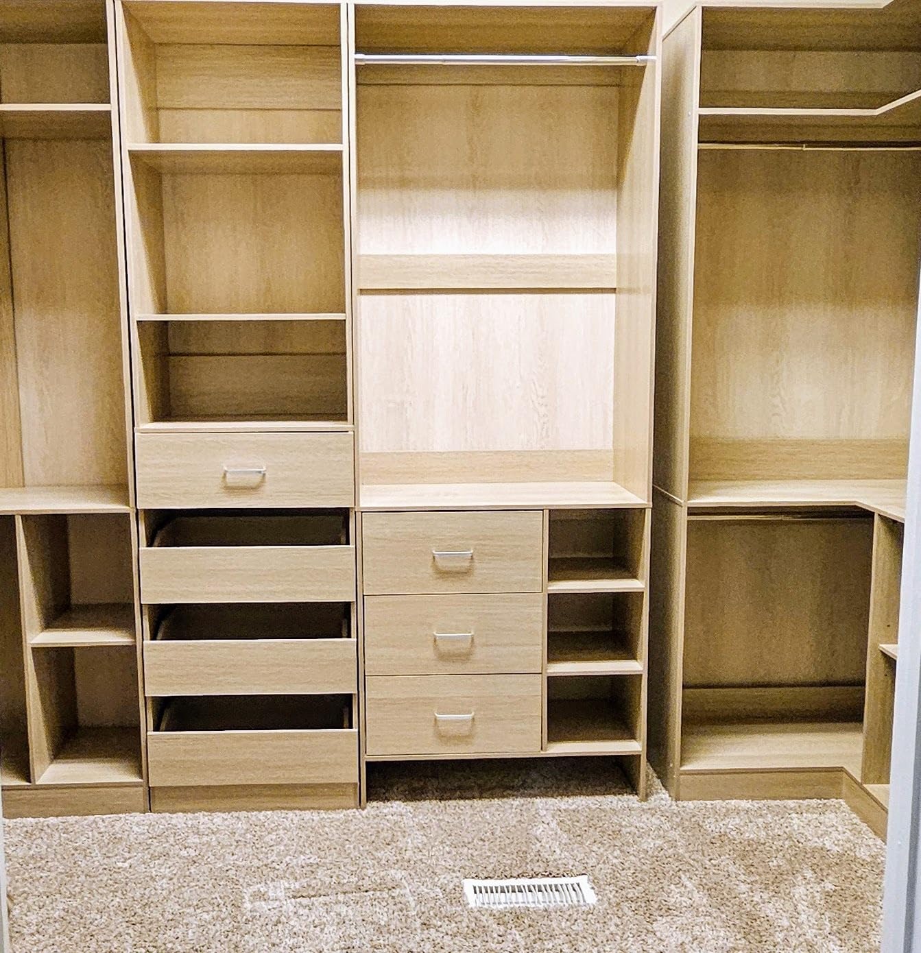 Aheaplus Closet System with 6 Drawers, 4 Hanging Rods & Corner Tower, Corner Closet System with Hanging, 92.6