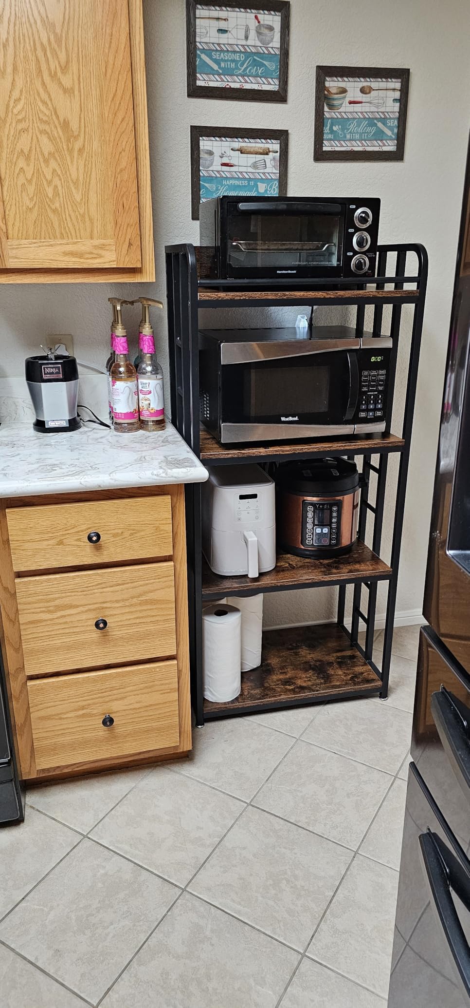 METYERRY Microwave Stand with Storage, 4-Tier Kitchen Bakers Rack with Power Outlet and USB Charging Ports, Rolling Kitchen Cart with Lockable Wheels and Adjustable Shelves for Coffee Bar, Rustic Brown customer photo 2