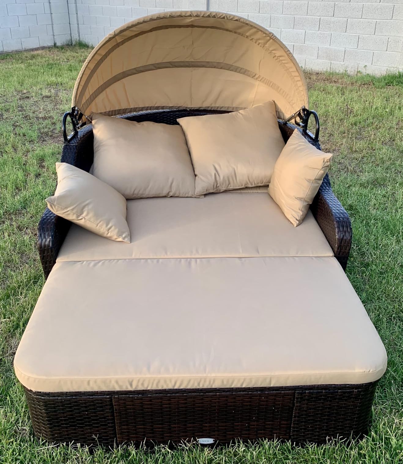 Moccha Outdoor Daybed with Retractable Canopy - PE Rattan Double Chaise Lounge w/ Soft Cushions, Pillows, Ottoman, Outside Sunbed, Wicker Loveseat Sofa, Sectional Conversation Set, Patio Furniture Set customer photo 1
