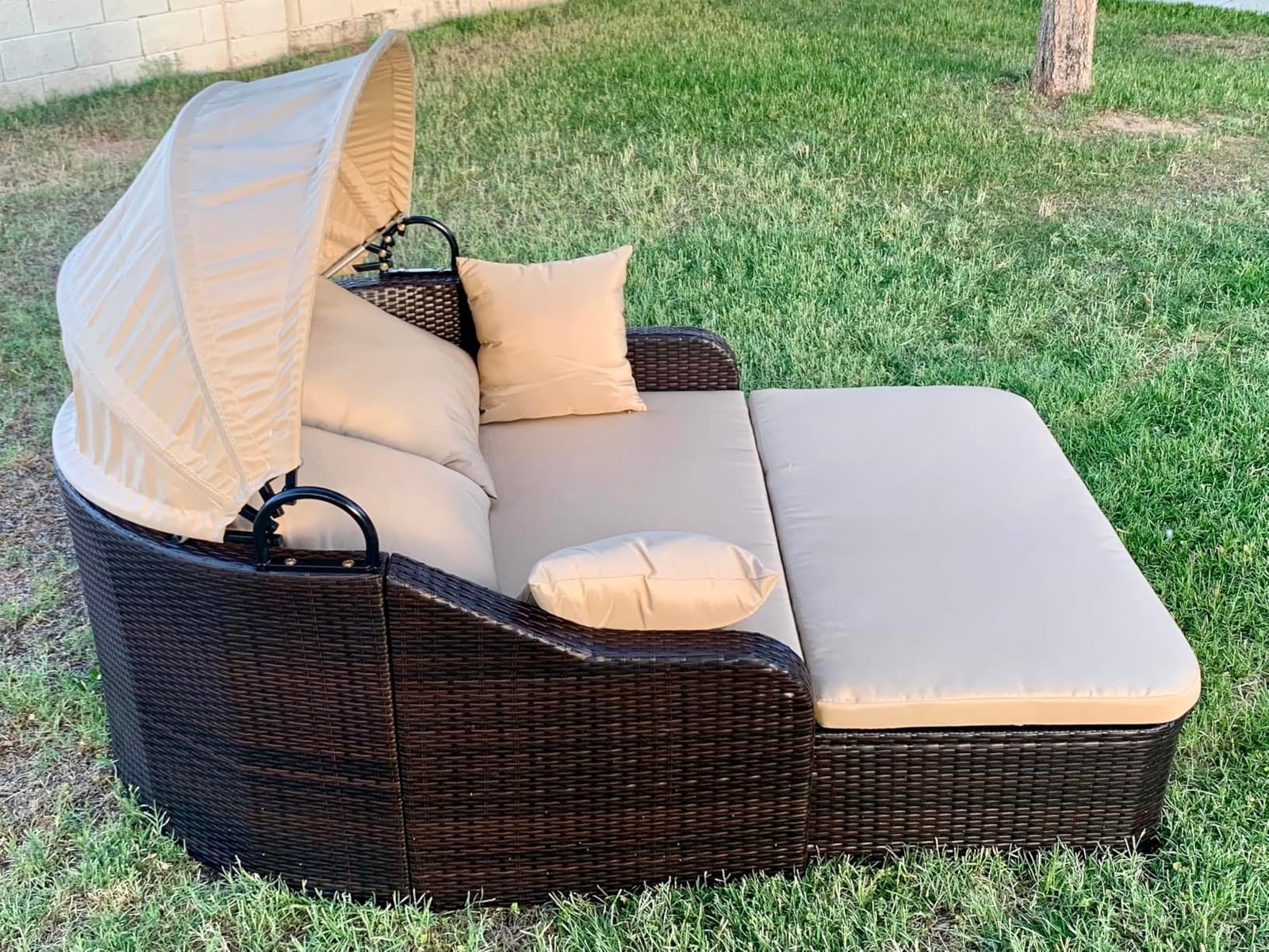 Moccha Outdoor Daybed with Retractable Canopy - PE Rattan Double Chaise Lounge w/ Soft Cushions, Pillows, Ottoman, Outside Sunbed, Wicker Loveseat Sofa, Sectional Conversation Set, Patio Furniture Set customer photo 2