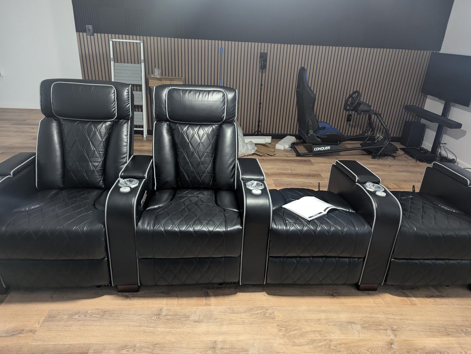Luxury Home Theater Seating with Electric Headrest (Black, 3 Seat) | Blue LED Ambient Lighting, Armrest Storage, Extended Footrest, Tray Table, USB & Type-C Charging, Cinema-Style Comfort customer photo 1