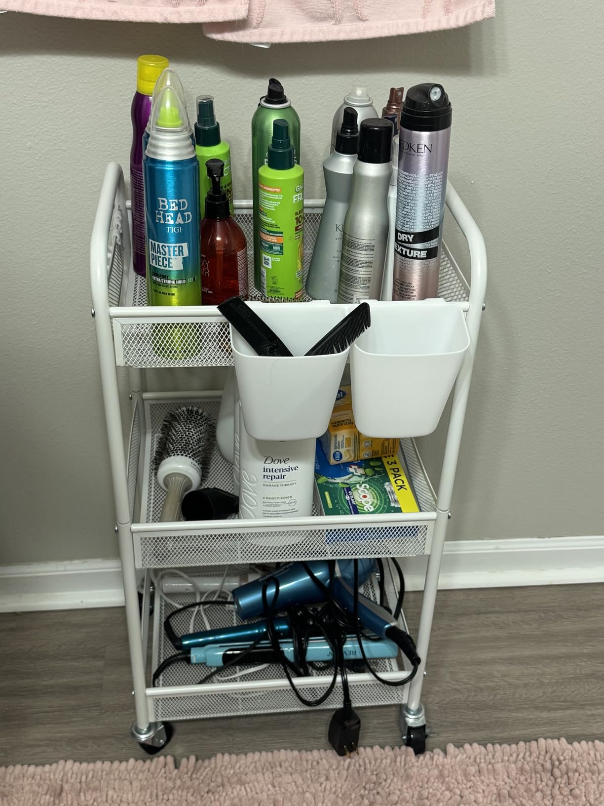 YASONIC 3 Tier Metal Rolling Cart, Black Utility Storage Cart with Wheels | Metal Mesh Craft Cart With Hooks & Hanging Cups customer photo 2