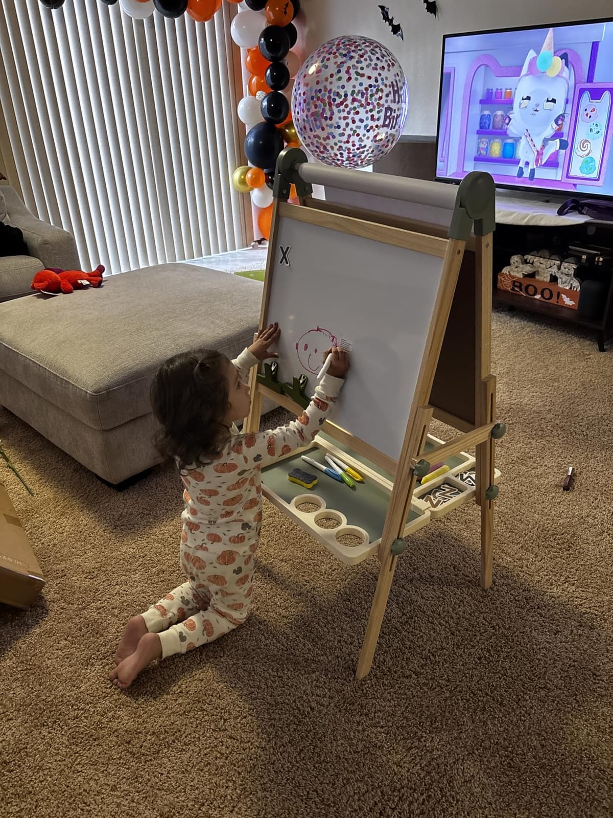 Tiny Land Foldable Wooden Kids Easel with Magnetic Letters & Numbers | Folds flat for storage, Spelling and counting for ages 3-12, Double-sided board, 3 heights, Paper roll included. Soft Sage customer photo 2