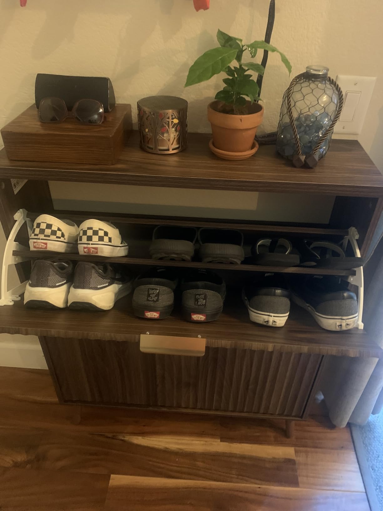 Shoe Cabinet Storage, Modern Freestanding Organizer with 2 Flip Drawers, Narrow Shoe Rack for Entryway, Walnut customer photo 1