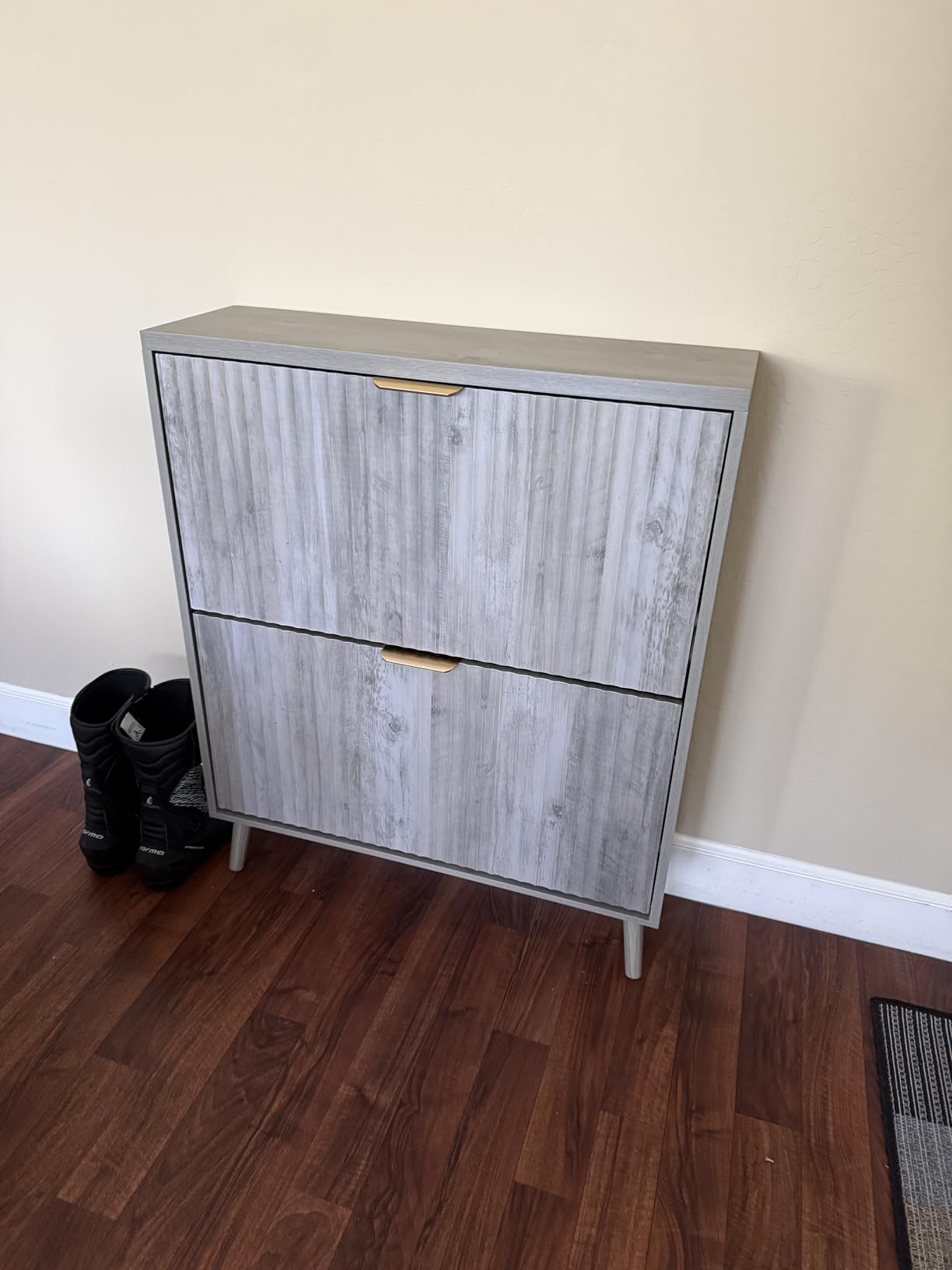 Shoe Cabinet Storage, Modern Freestanding Organizer with 2 Flip Drawers, Narrow Shoe Rack for Entryway, Walnut customer photo 2