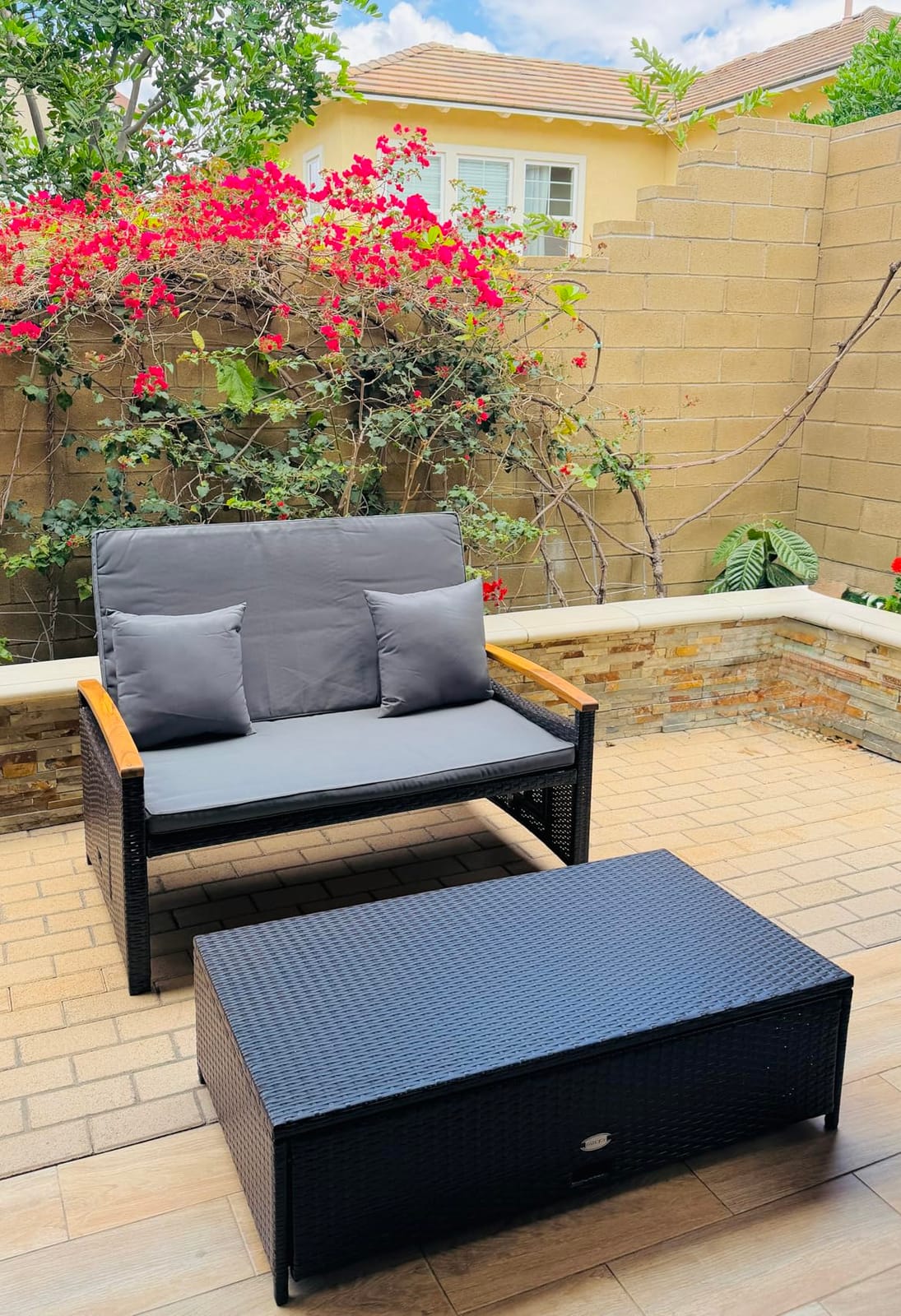 COSTWAY Patio Rattan Daybed, Outdoor Loveseat Sofa with Storage Ottoman | 4-Level Adjustable Backrest & Acacia Wood Armrest, Outdoor Wicker Daybed with Side Panels for Yard, Deck, Poolside (Beige) customer photo 2