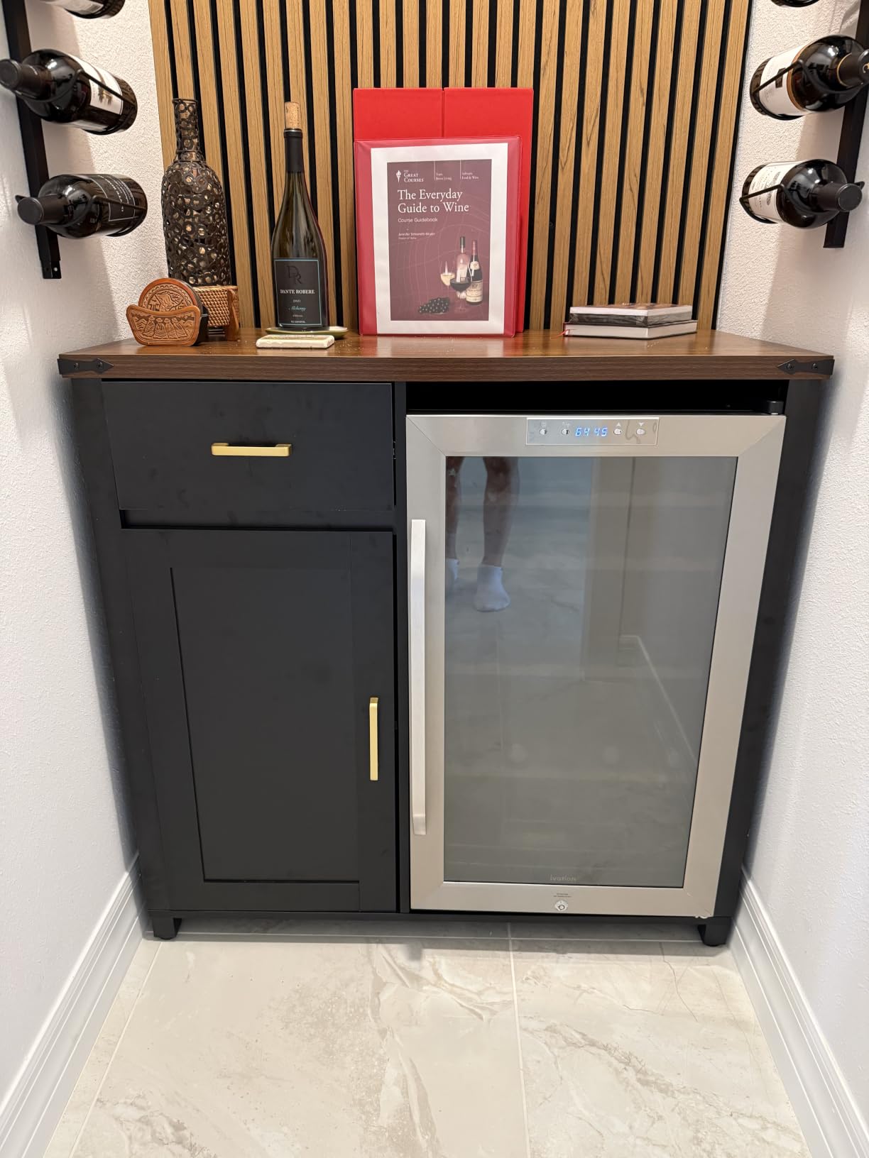 GDLF Coffee Bar Cabinet with Fridge Space, Mini Fridge Stand, Black | Compact Refrigerator Stand, Large Drawer & Cabinet, Black Finish with Warm Brown Top for Kitchen, Office, Dorm & Snack Bar customer photo 2