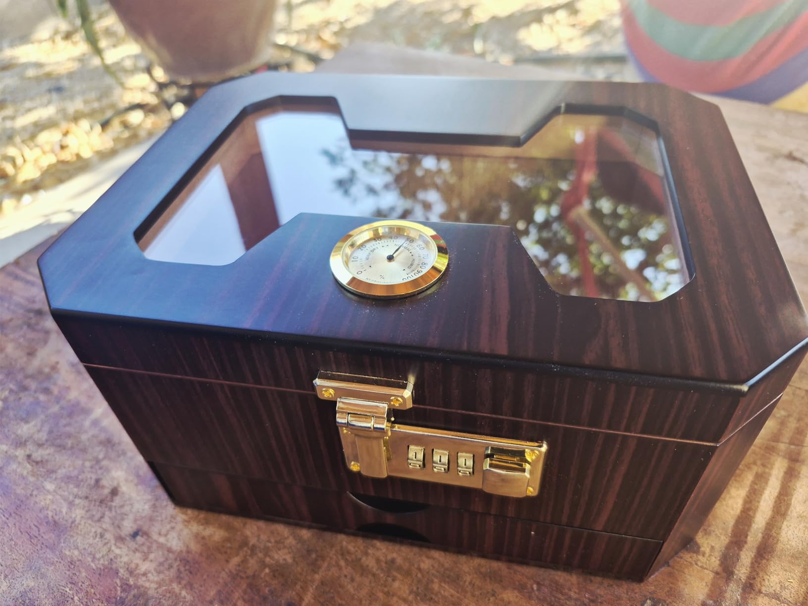 Cigar Humidor, Cedar Wood Desktop Humidor Cigar Box with Combination Lock, Glass Top Storage with Hygrometer & Humidifier, Accessory Drawer and Divider, Complete Cigar Accessories, Cigar Gifts for Men customer photo 1