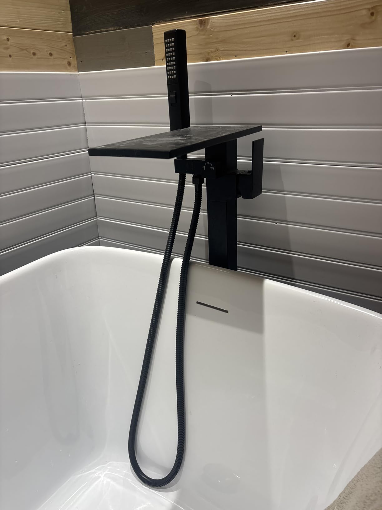 Matte Black Freestanding Tub Faucet with Handheld Sprayer, Floor Mount | High-Flow Waterfall Tub Filler with Brass Construction and Hand Shower, Floor-Mounted Design for Modern Bathroom customer photo 2
