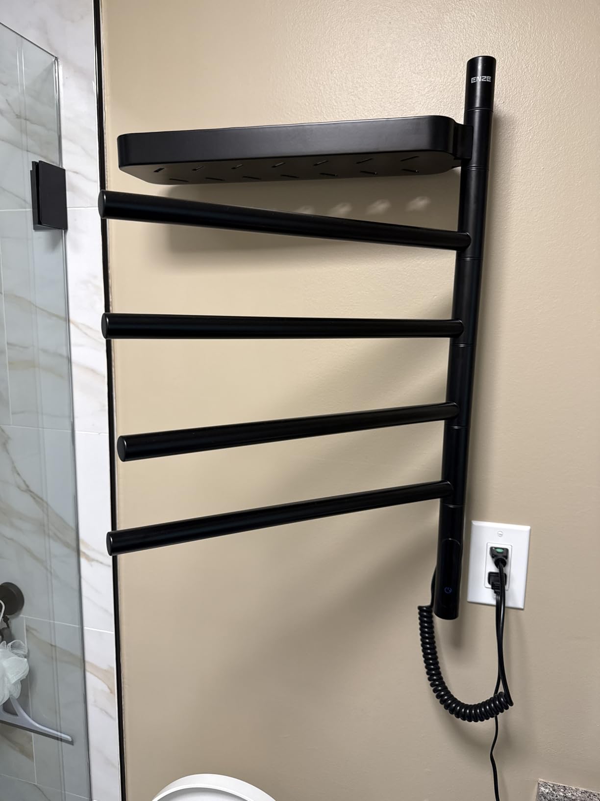 ENZE Smart Rotating Heated Towel Rack, 4-Bar, Gray | Wall-Mounted Electric Towel Warmer Rack, Swivel Shelf, Wi-Fi App Control, 24H Timer, Stainless Steel customer photo 1