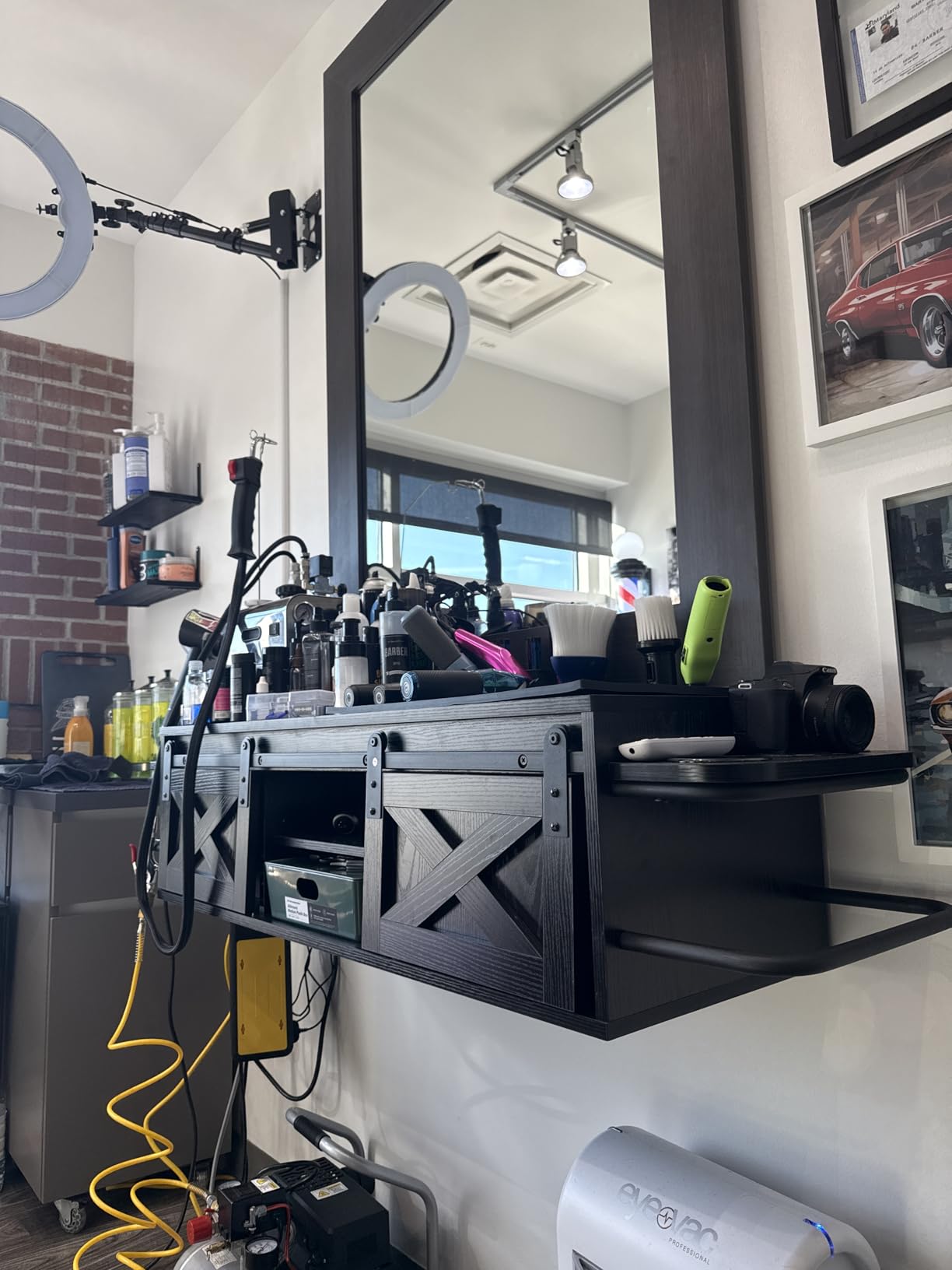 Floating Salon Station with Multifunctional Storage Space, White | Wall Mount Salon Stations for Hair Stylist with Sliding Barn Door, Barber Desk with 3 Hair Dryer Holes, 2 Towel Racks customer photo 1