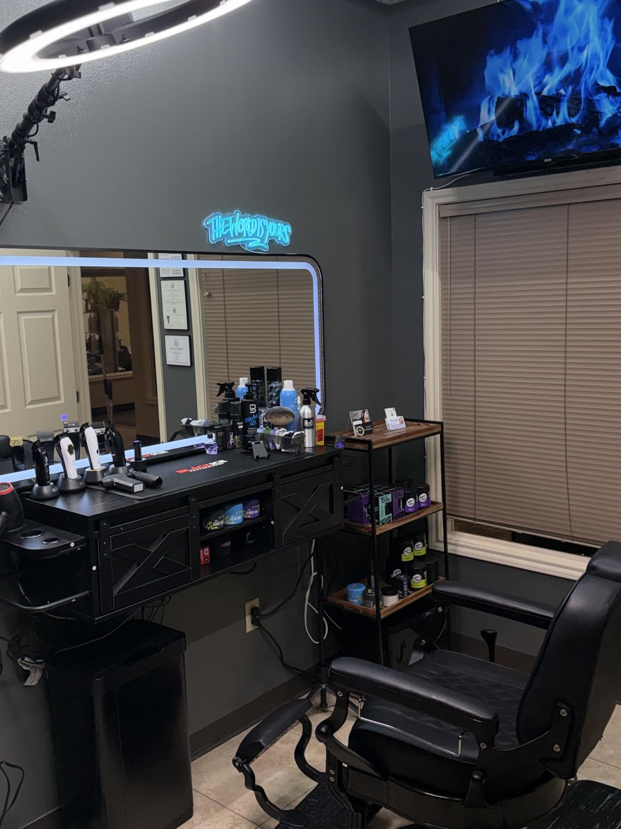 Floating Salon Station with Multifunctional Storage Space, White | Wall Mount Salon Stations for Hair Stylist with Sliding Barn Door, Barber Desk with 3 Hair Dryer Holes, 2 Towel Racks customer photo 2