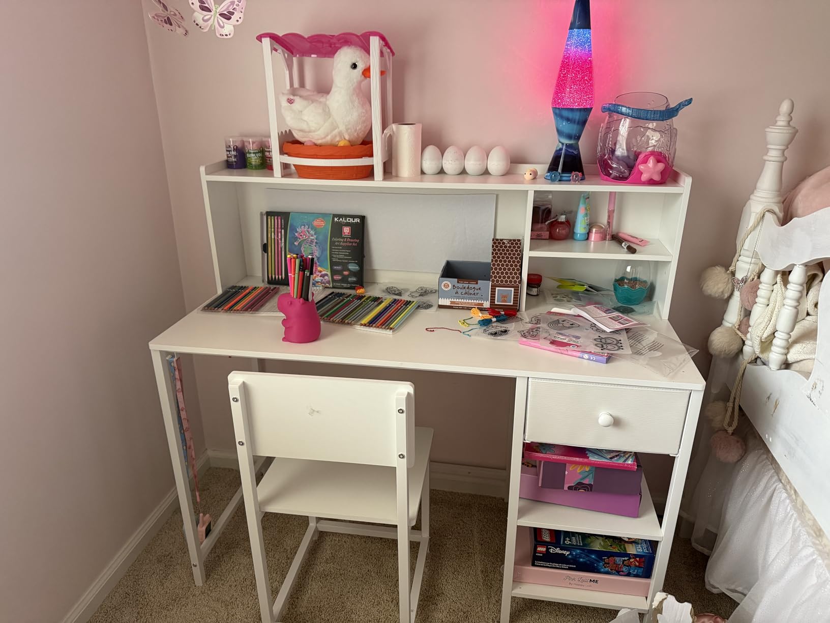 BOLUO White Kids Desk and Chair Set for 6-12 Year Old, Children Study Desk with Hutch and Storage Shelf, Student Writing Table with Fabric Drawer for Girls Boys customer photo 2