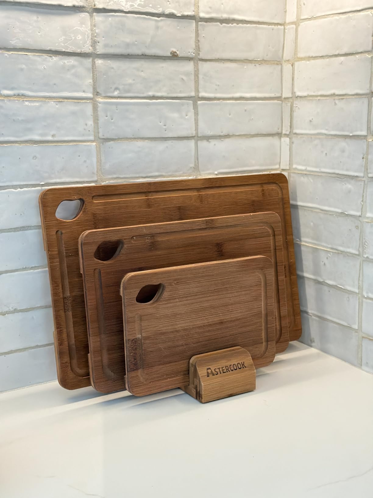 Astercook Deep-Carbonized Bamboo Cutting Boards for Kitchen with Wood Storage Stand, Reversible Charcuterie & Chopping Boards with Juice Grooves and Easy-Grip Handles, Fathers Day Gift for Men customer photo 2