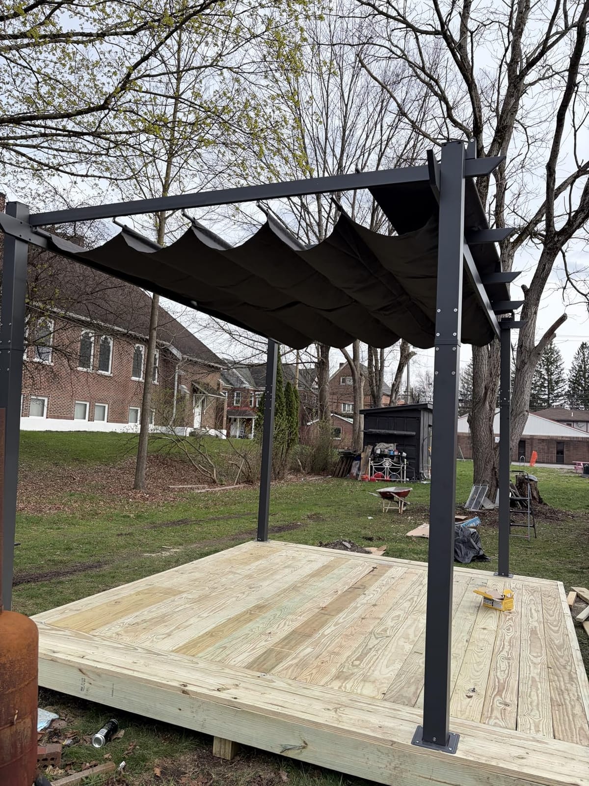 PURPLE LEAF Outdoor White Pergola 10' x 13' w/Double Canopy, Navy Blue | Extra roof shields canopy, aluminum frame stays strong, 230GSM fabric blocks harsh sun, retractable canopy controls shade customer photo 1