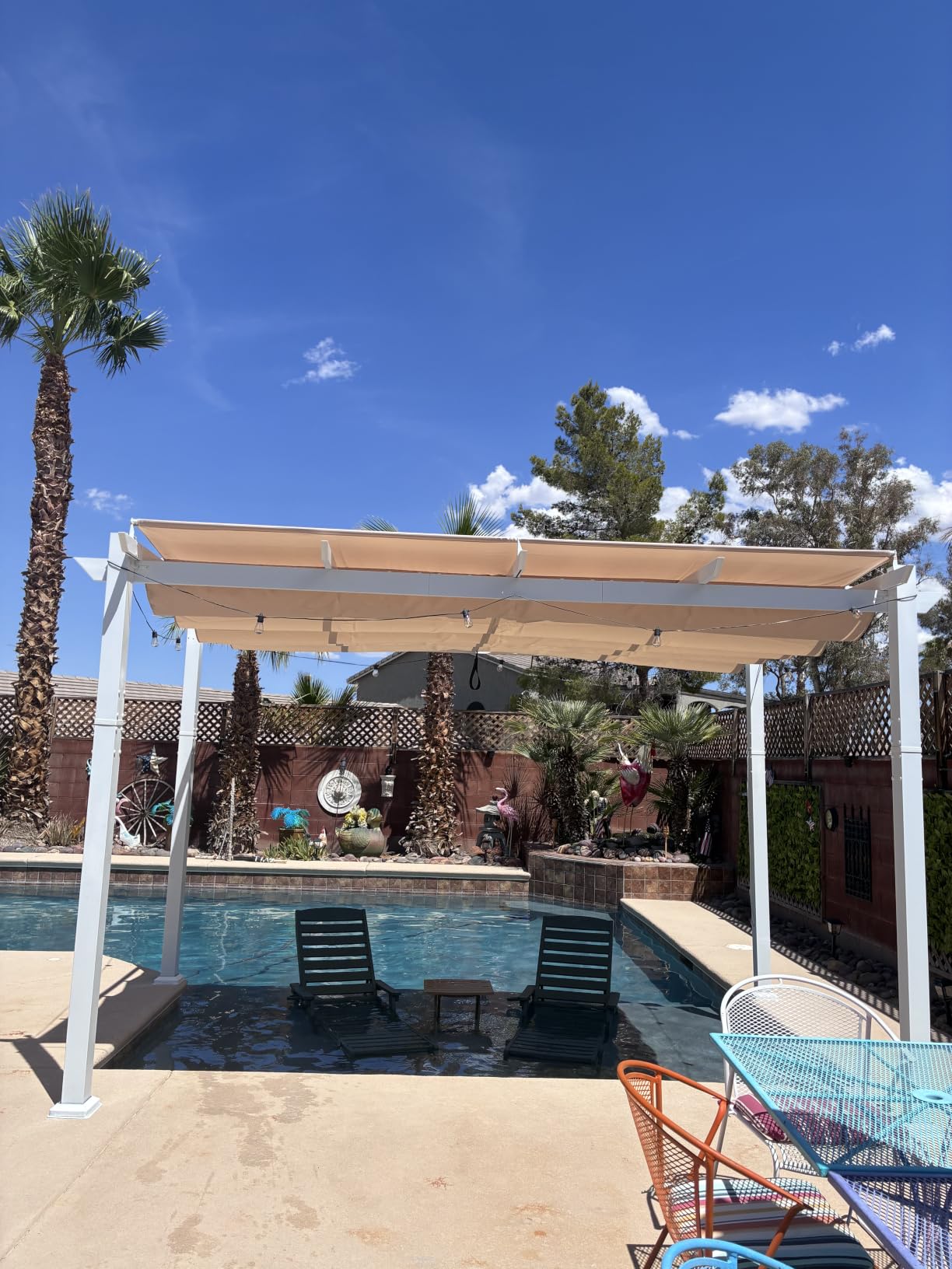 PURPLE LEAF Outdoor White Pergola 10' x 13' w/Double Canopy, Navy Blue | Extra roof shields canopy, aluminum frame stays strong, 230GSM fabric blocks harsh sun, retractable canopy controls shade customer photo 2