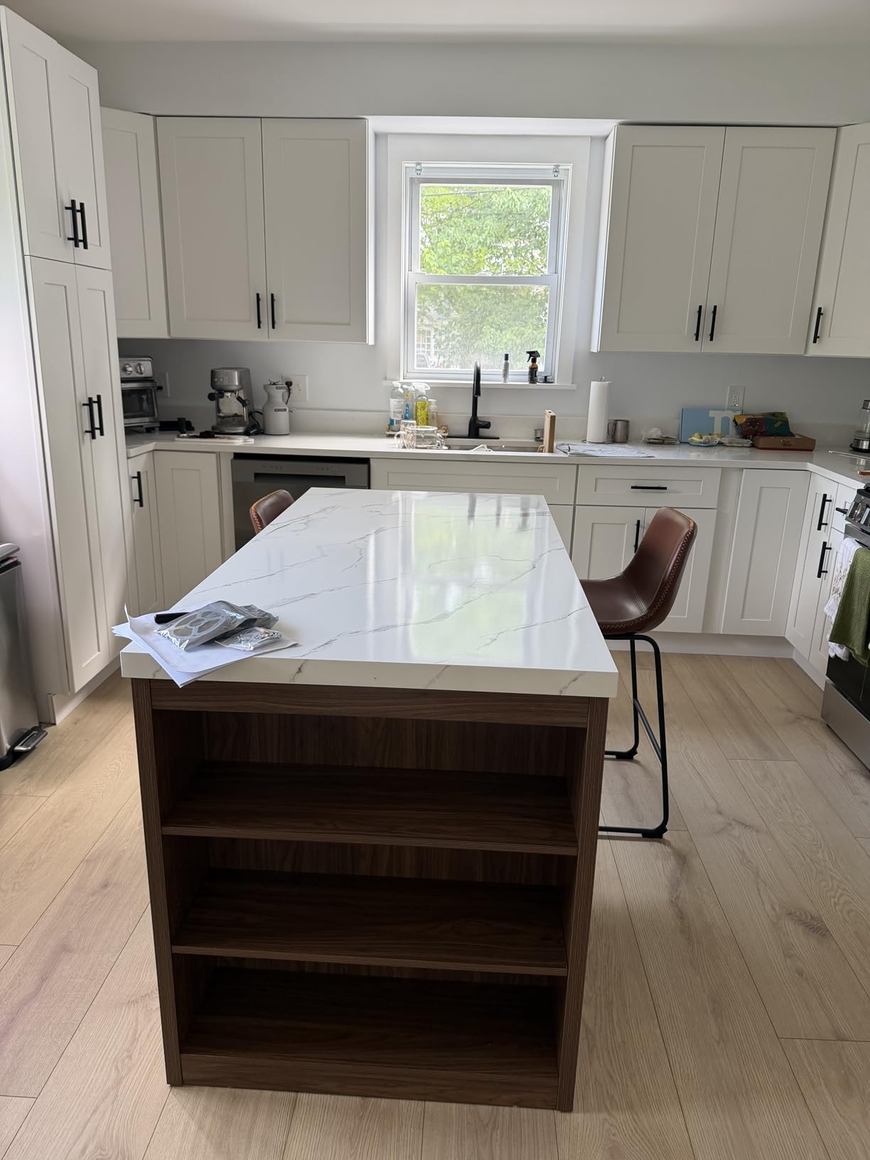 61 x 31 Inch Large Kitchen Island Table, Whole Board of Tabletop | Modern Imitation Marble Heavy Duty Counter Height Dining Table for 4, with LED Lights, Power Outlet & Storage Space (White) customer photo 2