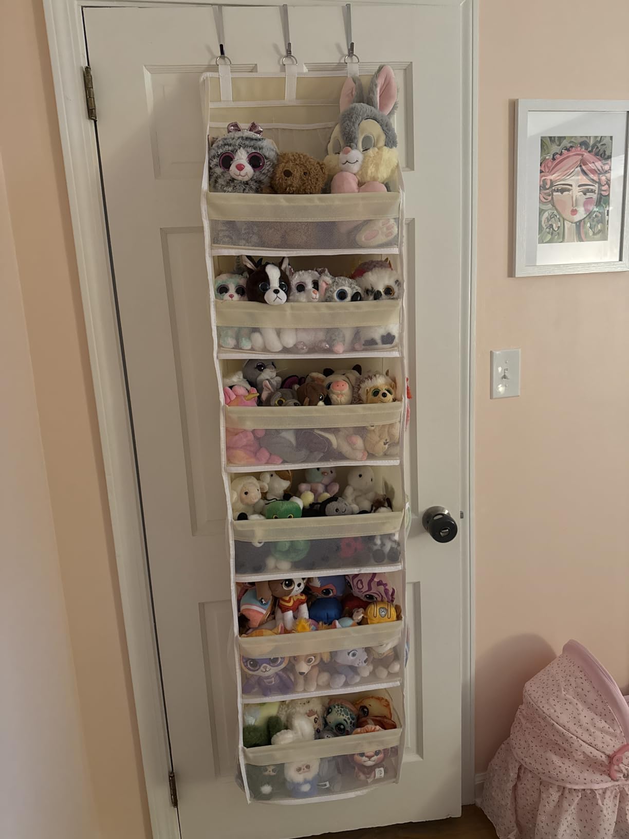 Criusia Over the Door Organizer, 6-Shelf Closet Hanging Storage with 13 Mesh Pockets, 55lbs Capacity Behind the Door Storage for Baby Nursery, Bathroom, Bedroom, and Dorm, Beige customer photo 2