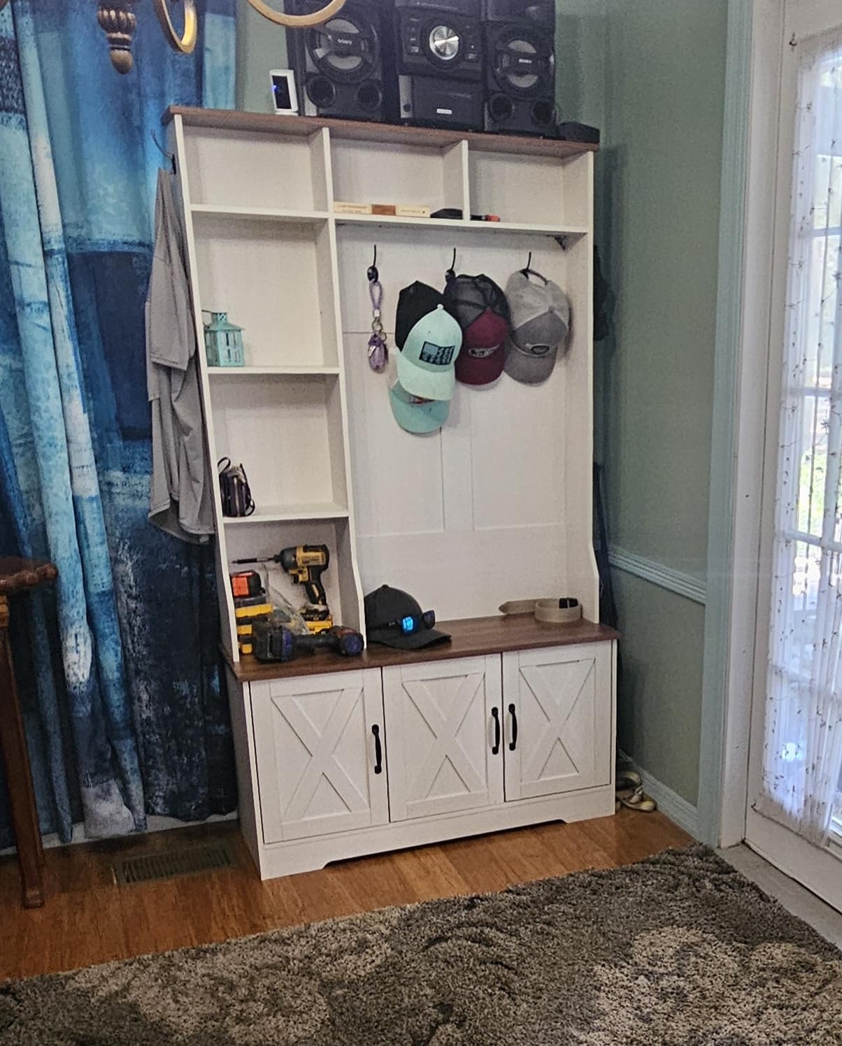 CSZZD Hall Tree with Bench and Shoe Storage, Farmhouse Entryway Bench with Coat Racks and Led Lights, 7 Coat Hooks, 6 Storage Cubbies, Adjustable Shelf customer photo 1