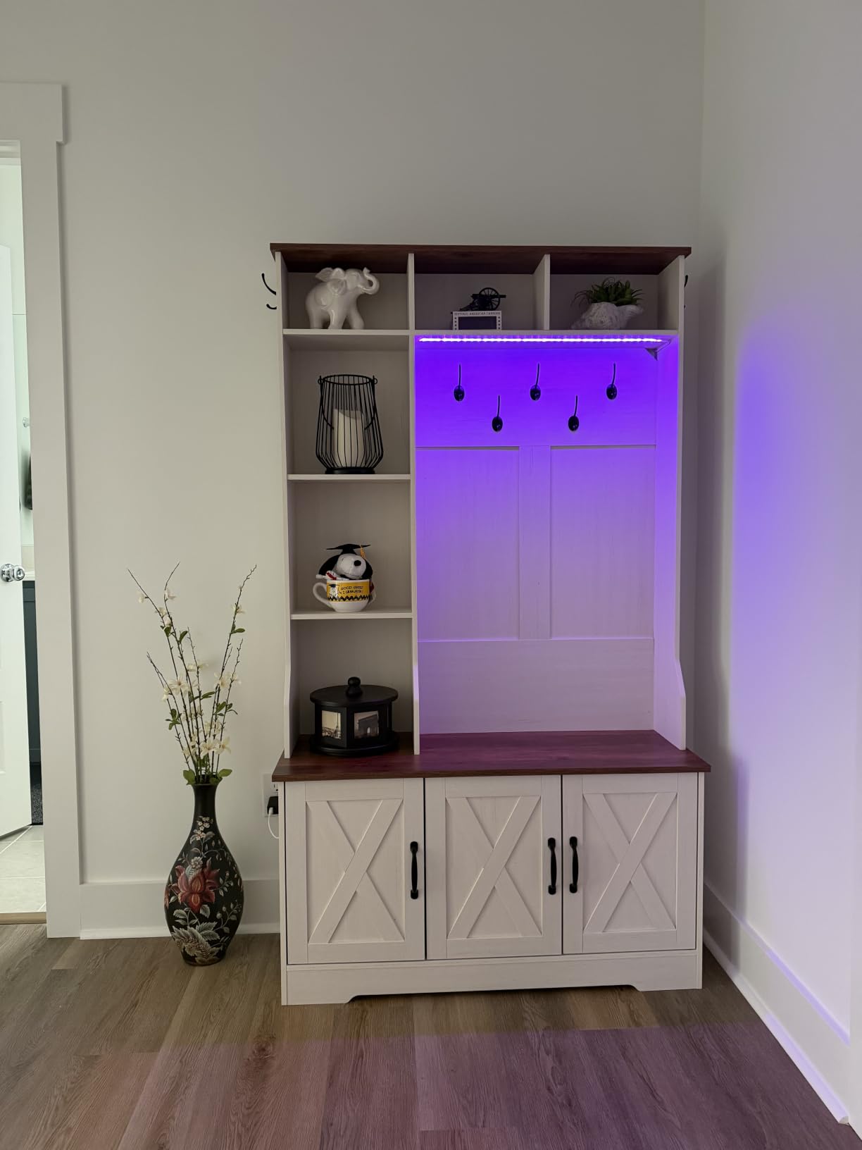CSZZD Hall Tree with Bench and Shoe Storage, Farmhouse Entryway Bench with Coat Racks and Led Lights, 7 Coat Hooks, 6 Storage Cubbies, Adjustable Shelf customer photo 2