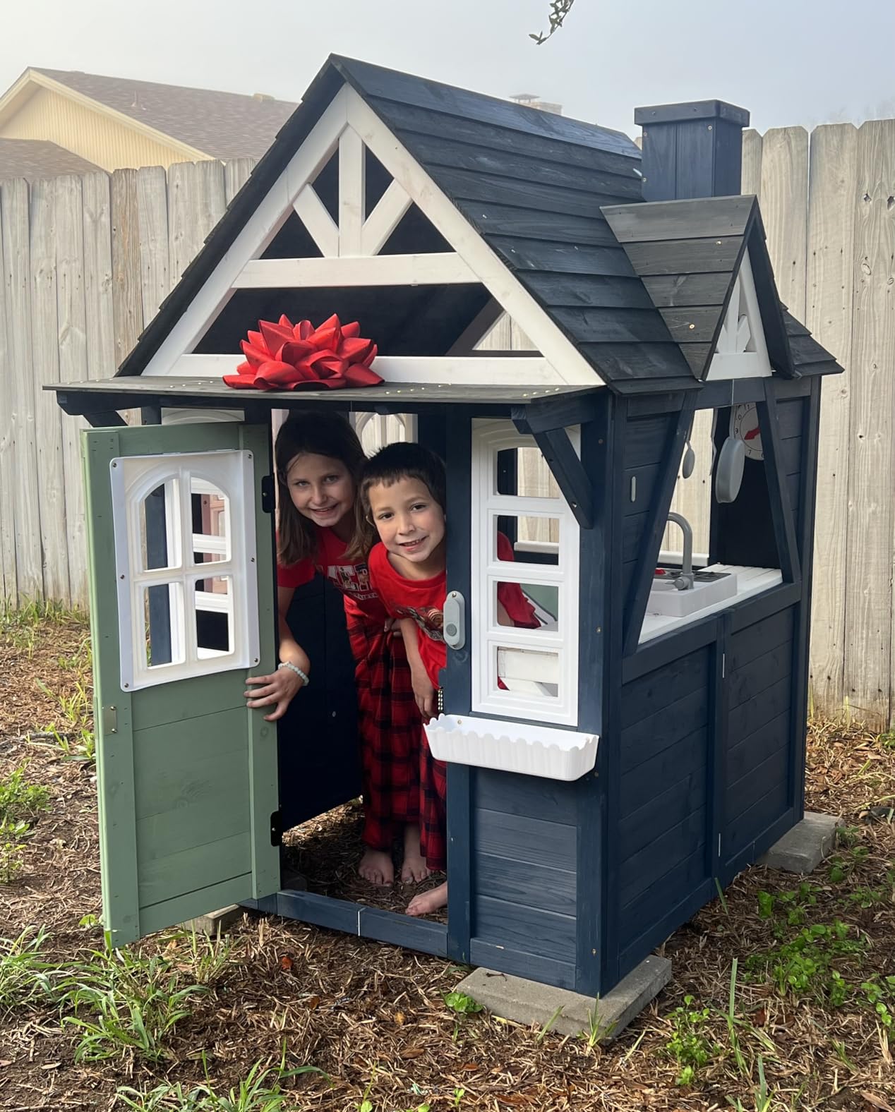 Kids Playhouse Outdoor,Cedar Gray Wooden Play House for Kids Ages 3-8,Interactive Doorbell, Kitchen Counter with Utensils, Sink, Window Boxes for Flowers (Blue) customer photo 1