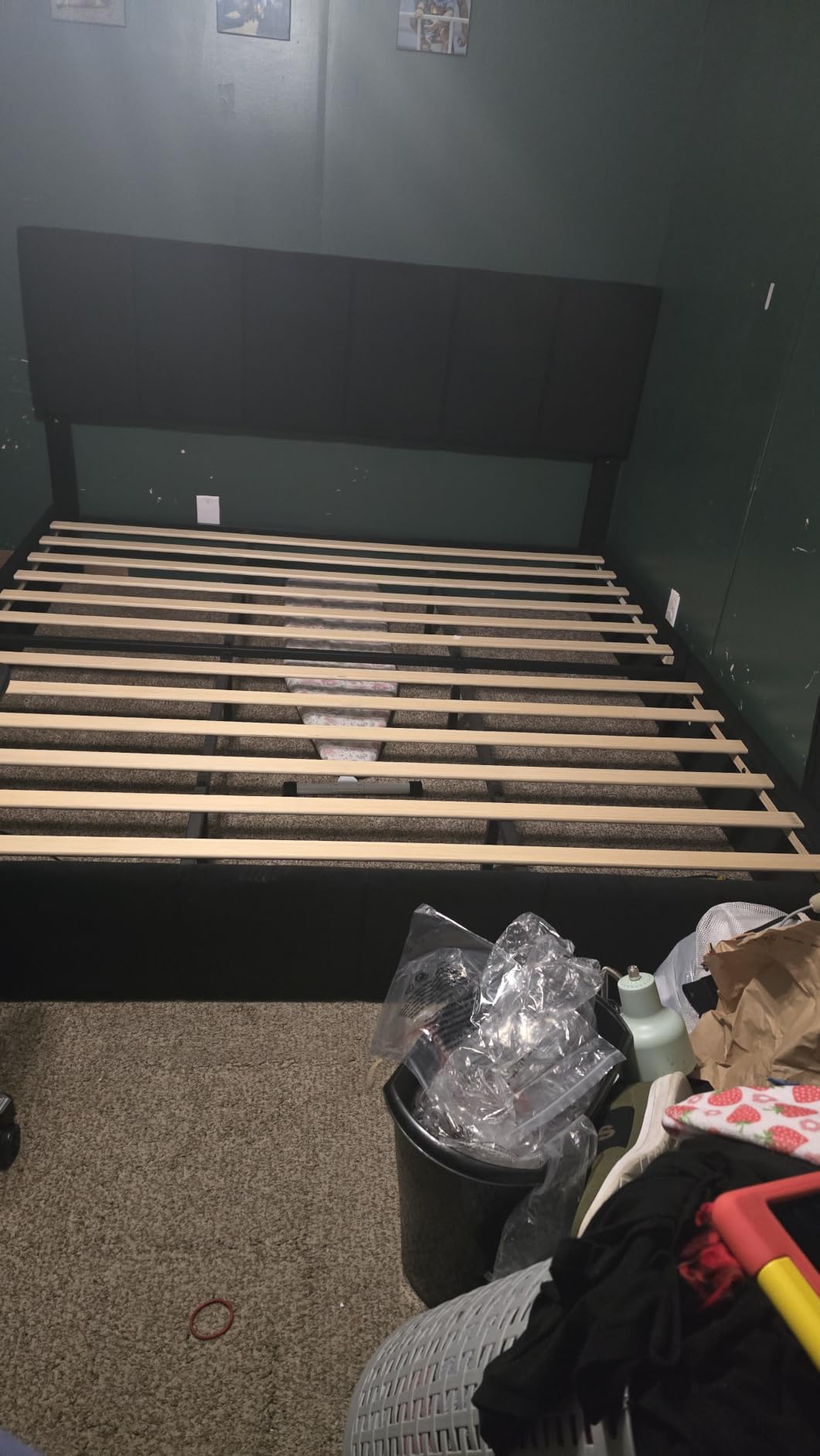 SHA CERLIN Queen Bed Frame, Dutch Velvet Upholstered Platform Bed, Vertical Channel Tufted Adjustable Headboard, Low Profile Bed Frame, No Box Spring Needed, Easy Assembly, Black customer photo 2