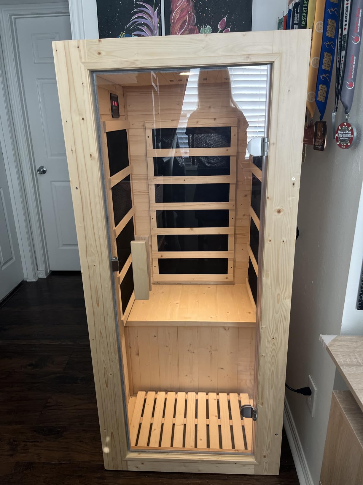 Albott Outdoor Sauna 4 Person, Asphalt Shingle Roof, Infrared Saunas for Home, Low EMF 2850W/240V/20A Finnish Spruce Wood Dry Sauna with 12 Carbon Panels, 7-Color Light Therapy & 2 Bluetooth Speakers customer photo 1
