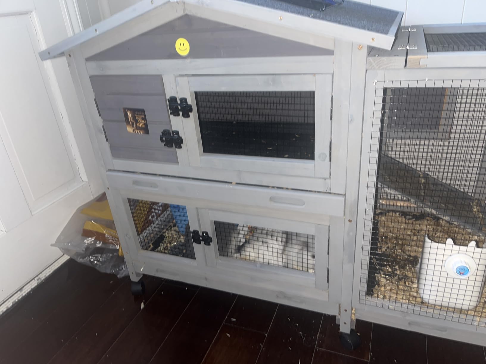 GUTINNEEN Large Rabbit Hutch Outdoor 2-Level Wooden Chicken Coop Indoor Weatherproof Bunny Cage Guinea Pig House with Waterproof Roof, Leak-Proof Pull Out Tray, Lockable Door for Small Animals (Grey) customer photo 2
