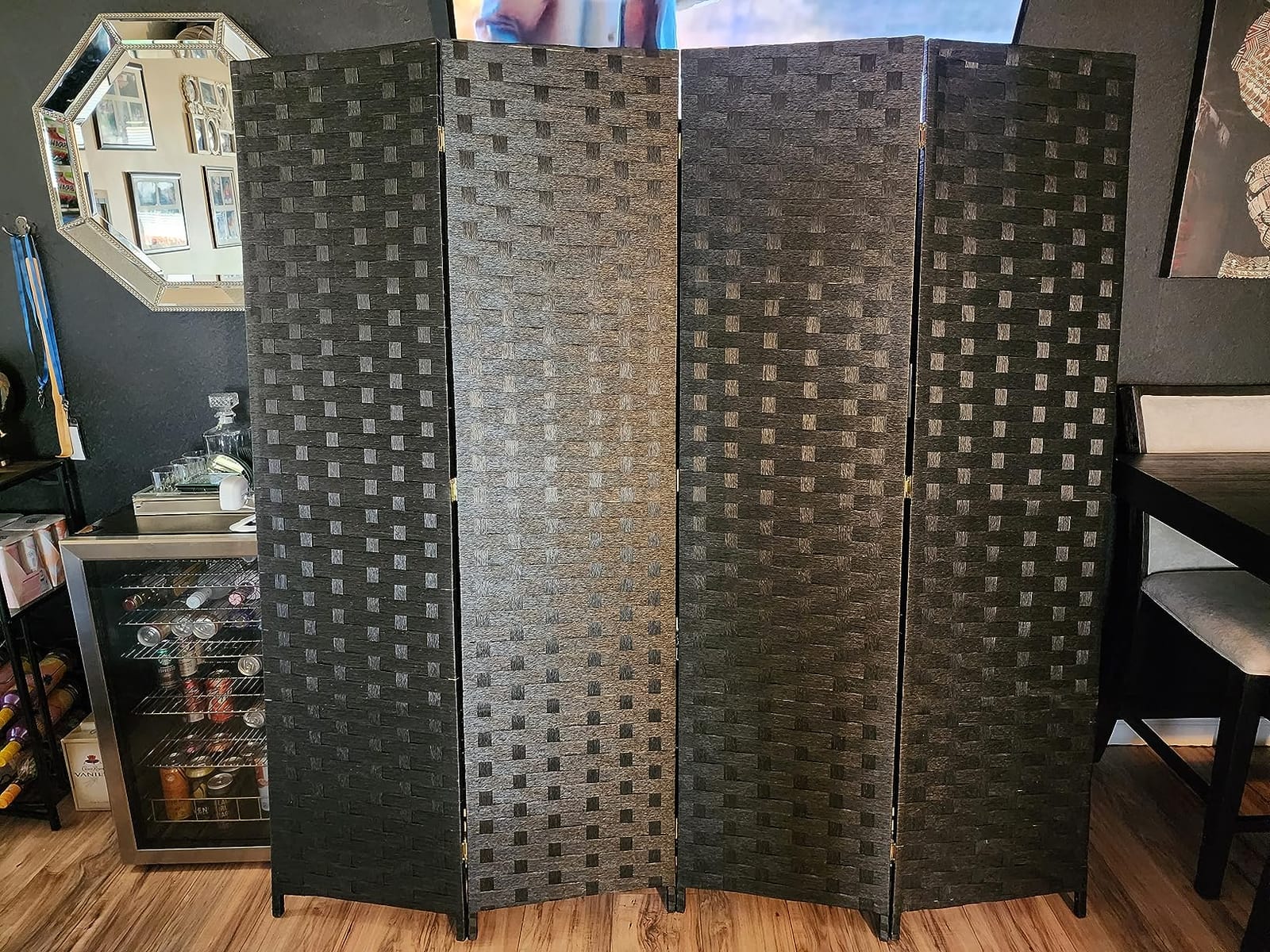 FDW Room Divider Wood Screen 4 Panel Folding Portable Partition Screens Wooden Mesh Woven Design Room Screen Divider for Home Office (Coal Black) customer photo 1
