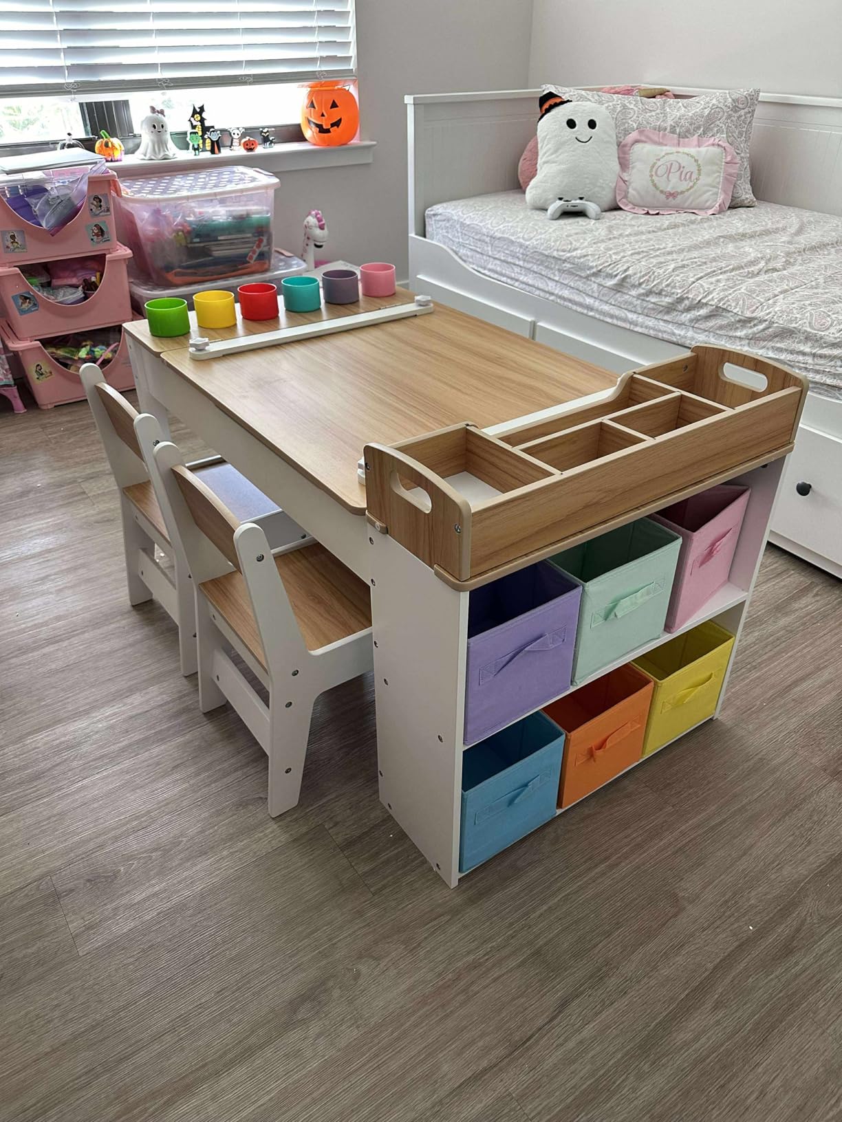 Kids Art Table and Chair Set with 2 Chair & Bins, 44