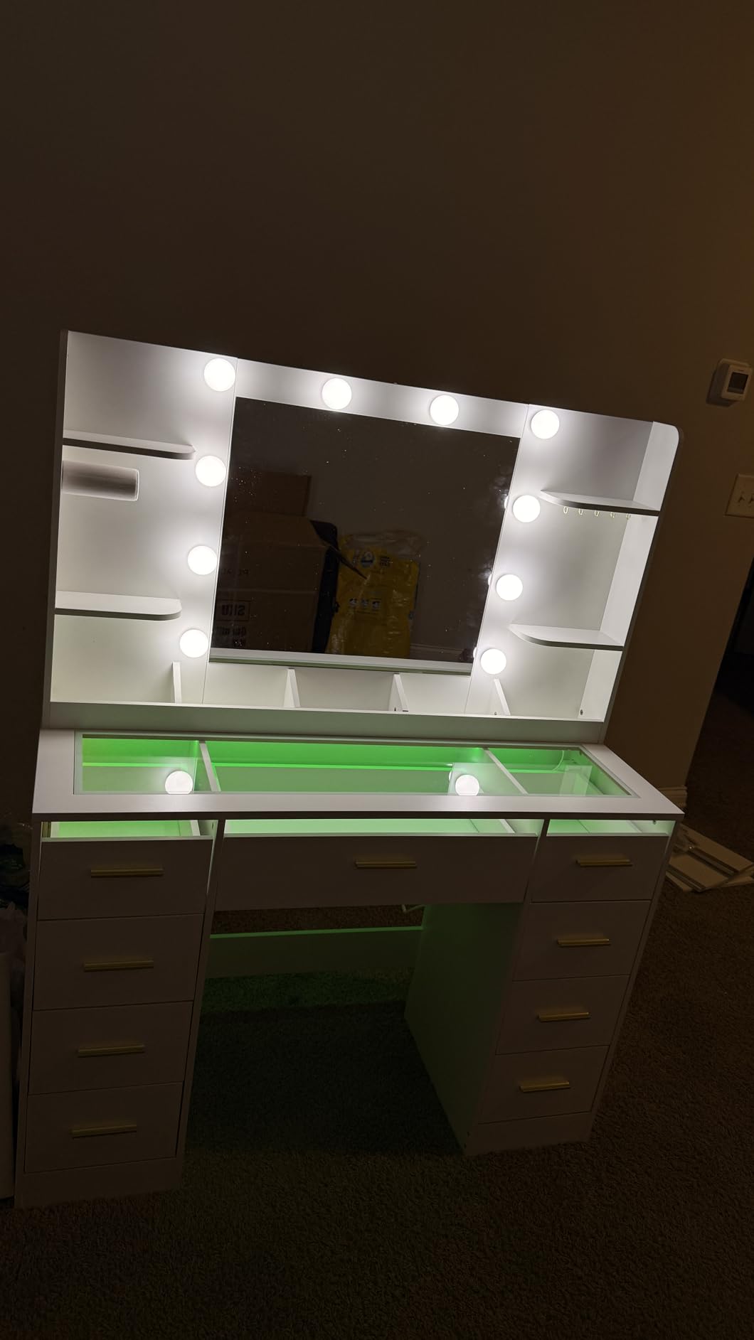 ANWBROAD Large Vanity Desk with Mirror and Lights & Transparent Glass Top | 3 Colors Makeup Vanity Table Set with 9 RGB Drawers, Power Outlet, White Vanity Stool and 4 Shelves for Bedroom Women UBDT94W customer photo 1