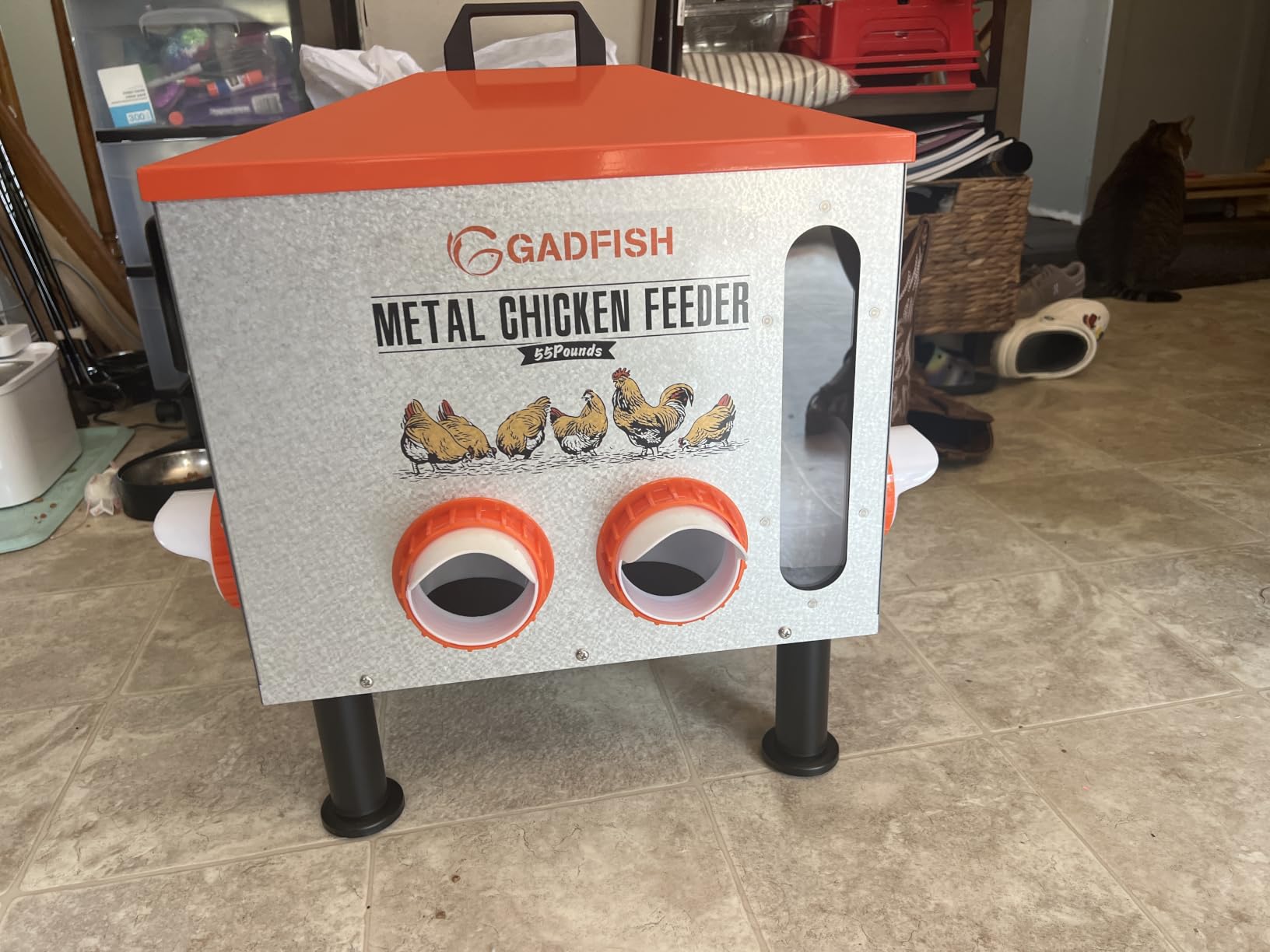 GADFISH 55LBS Large Capacity Automatic Chicken Feeder - Upgraded Window Design Allows Viewing of Feed Conditions, 8 Feeding Ports, Anti-Waste Design, Height-Adjustable Legs & Secure customer photo 1