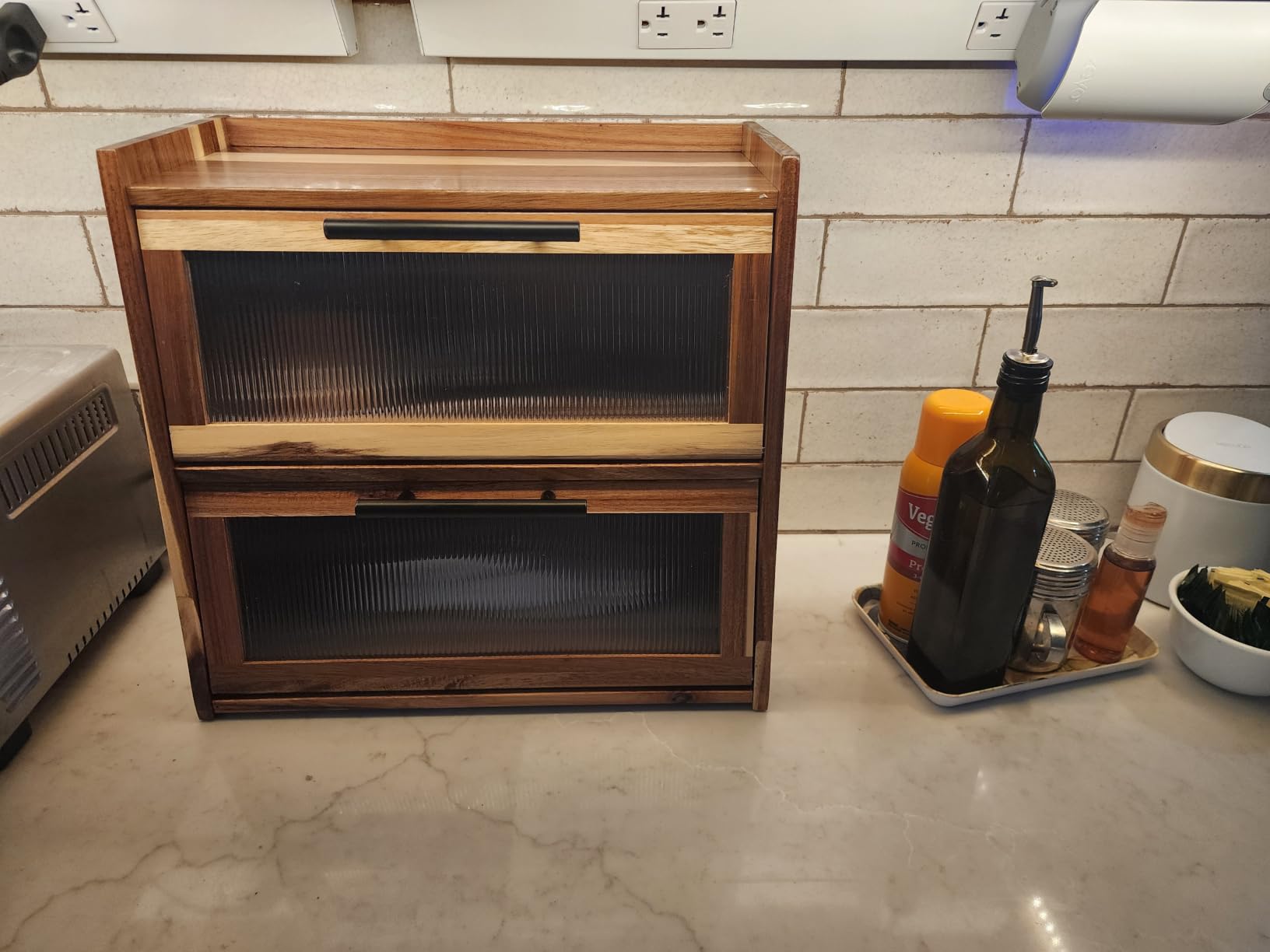 Bread Box for Kitchen Counter,Wooden Double Layer Countertop Bread Storage | Bread Holder Container Bin with Window for homemade bread; Acacia Wood Construction with Metal Handles customer photo 1